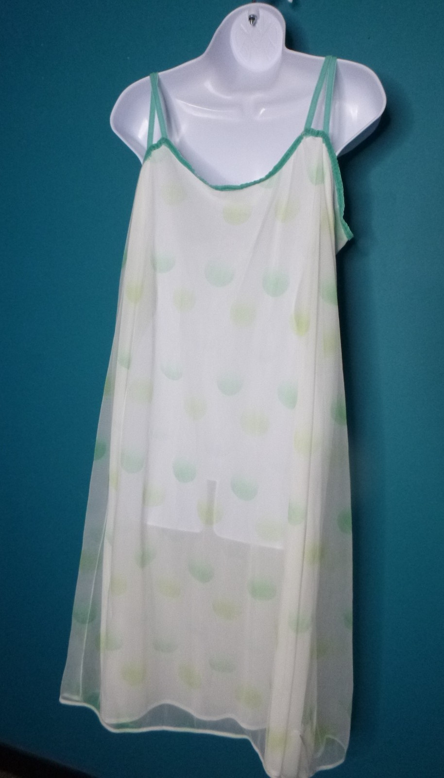 Vtg 50s Charmode Double Layer Chiffon Nylon Nightgown White Green Blue Dots S/M