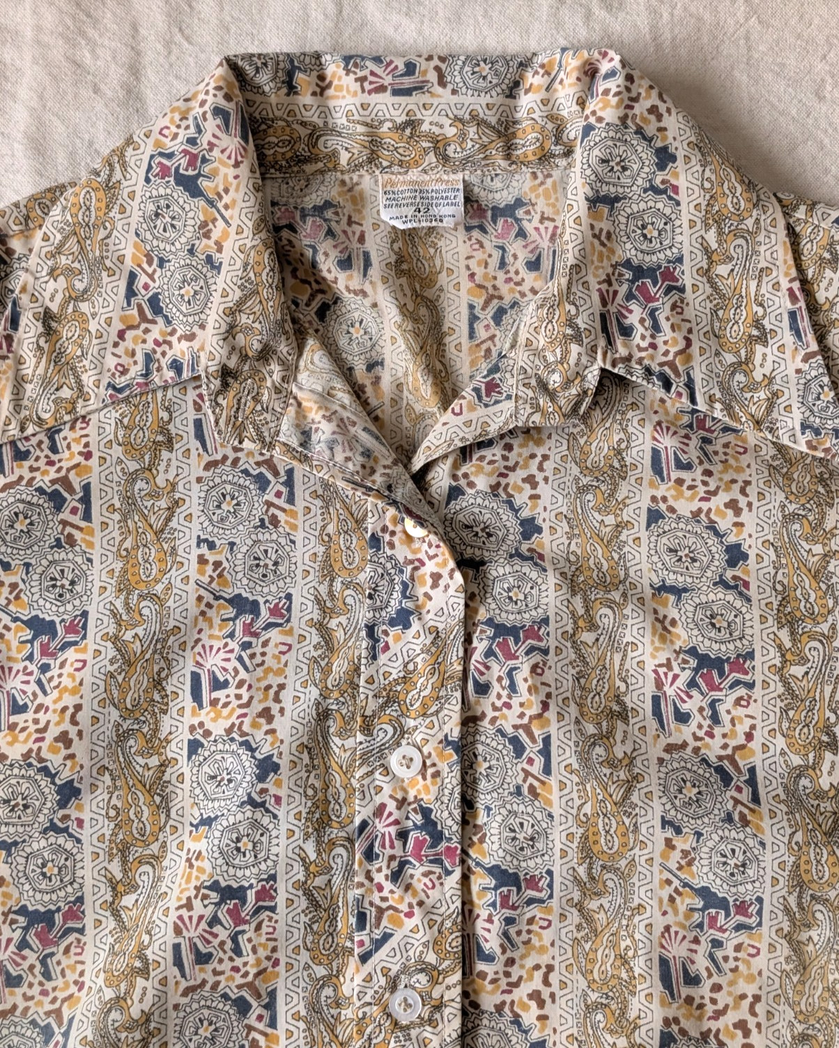 Vintage 70s Women’s Perma Press Cotton Blend Abstract Paisley Button Up Size 42