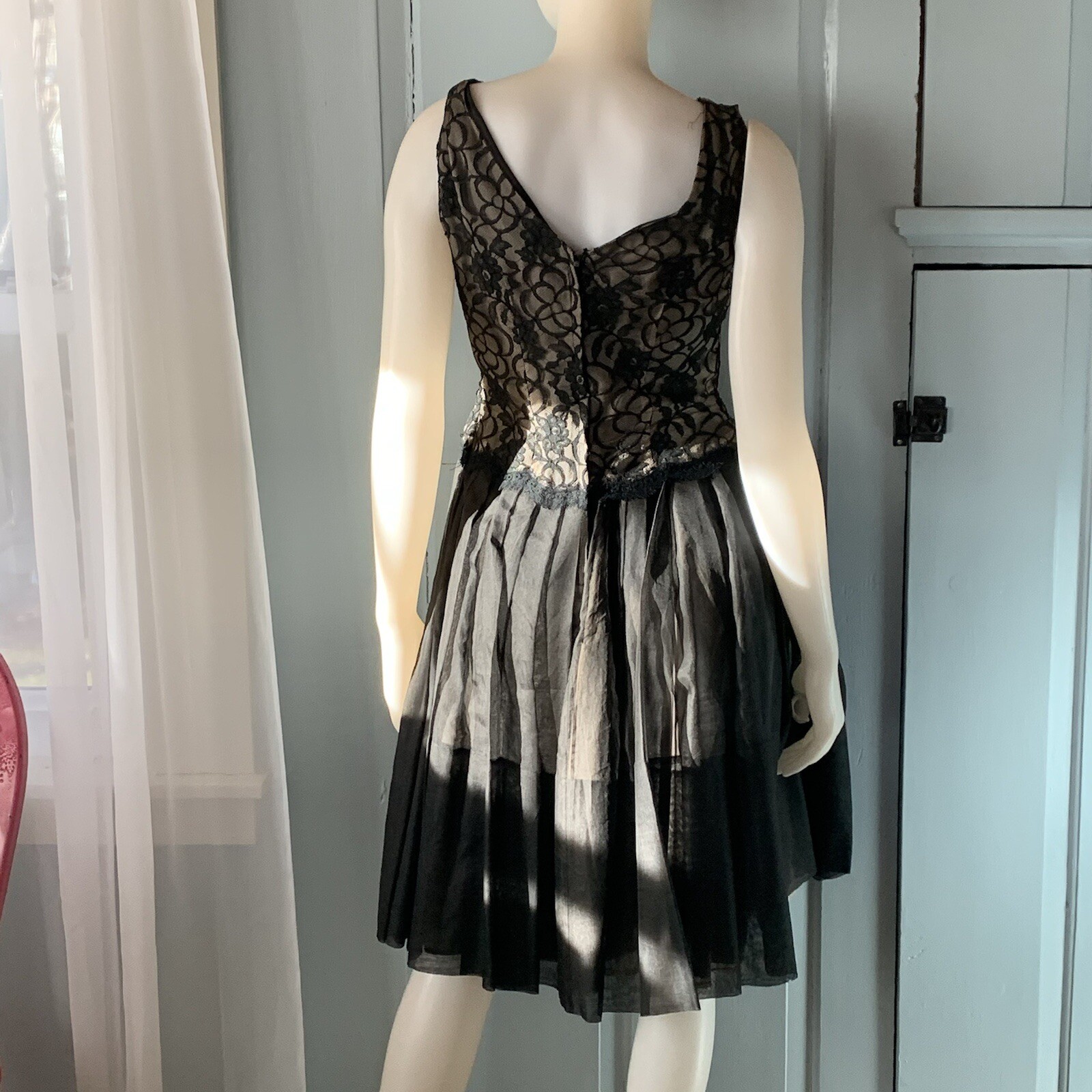 Vintage 1960s Lace Organza Party Dress Small FRAGILE HOLES PLEASE READ LBD Black