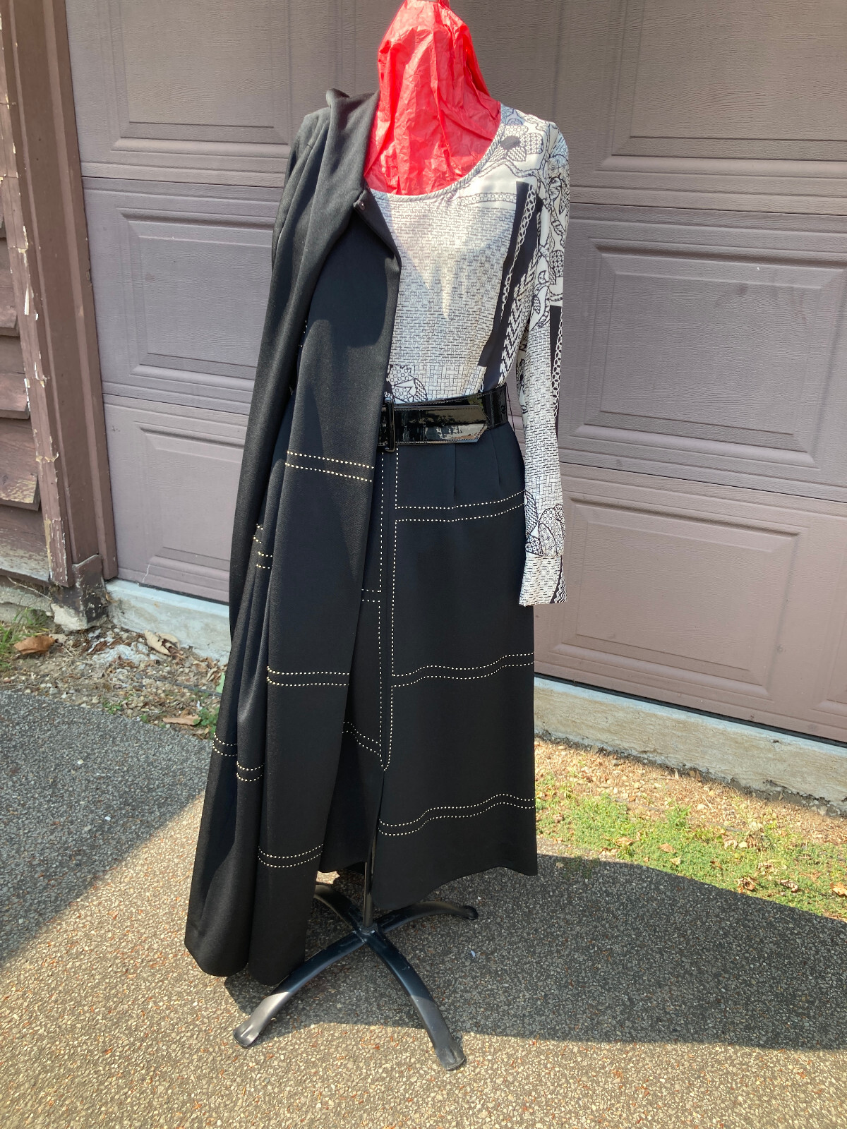 Alfred Werber Cape cloak coat dress black vintage abstract geometric sz 12 Poly