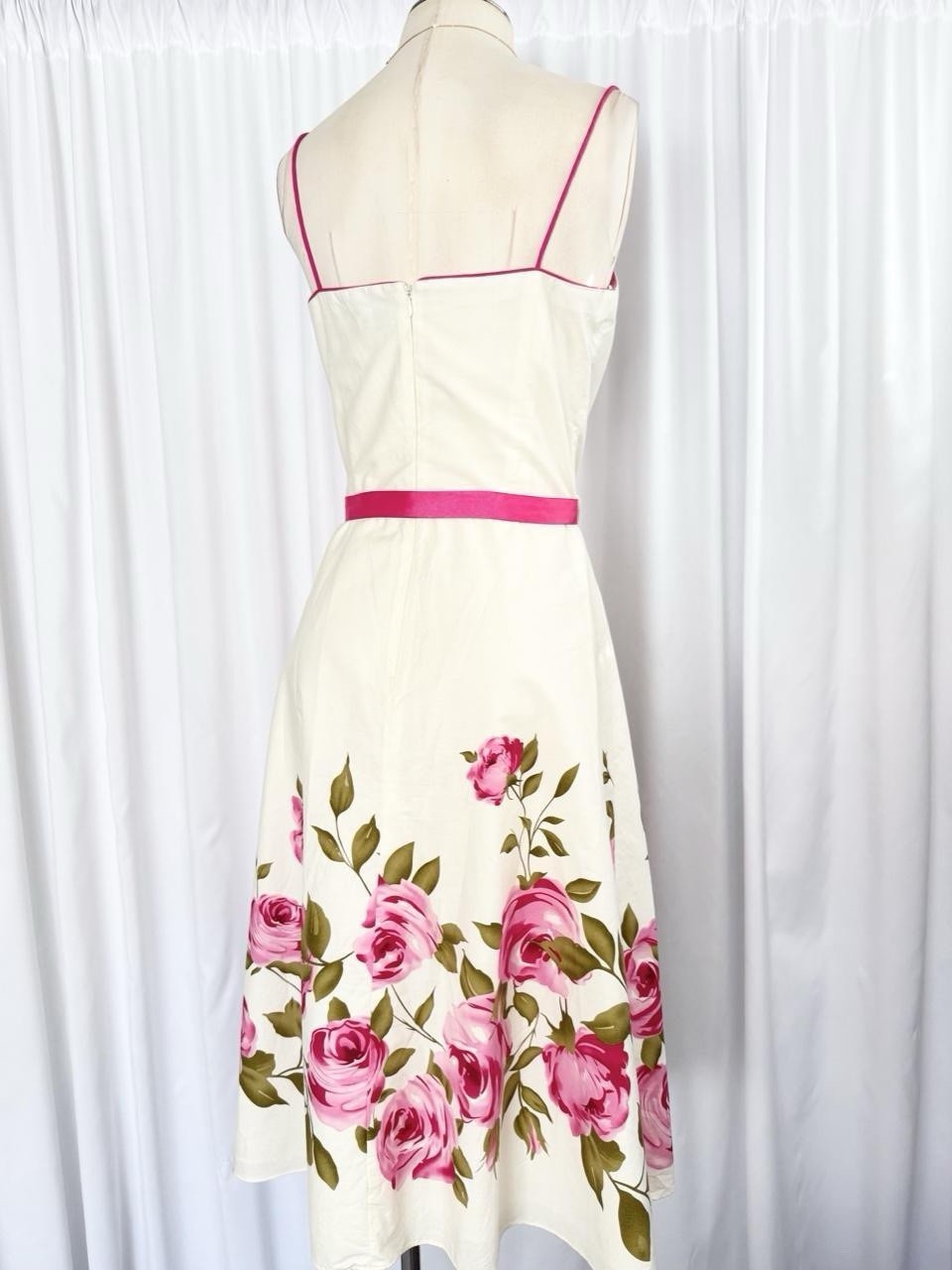 Vintage Y2K White Pink Rose Fairy Bow Slip Midi Dress Gown A Line Size Medium 10