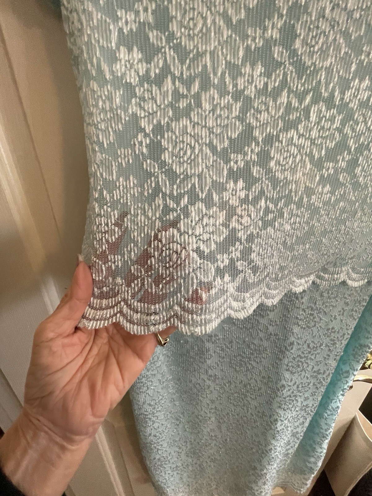 Vintage 1960’s Pastel Aqua Blue Lace & Scalloped Ribbon Formal Maxi Dress Sz L