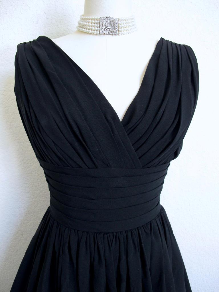 Vintage 50s Miss Elliette Black Cocktail Dress XS Bombshell Ruched Full Skirt