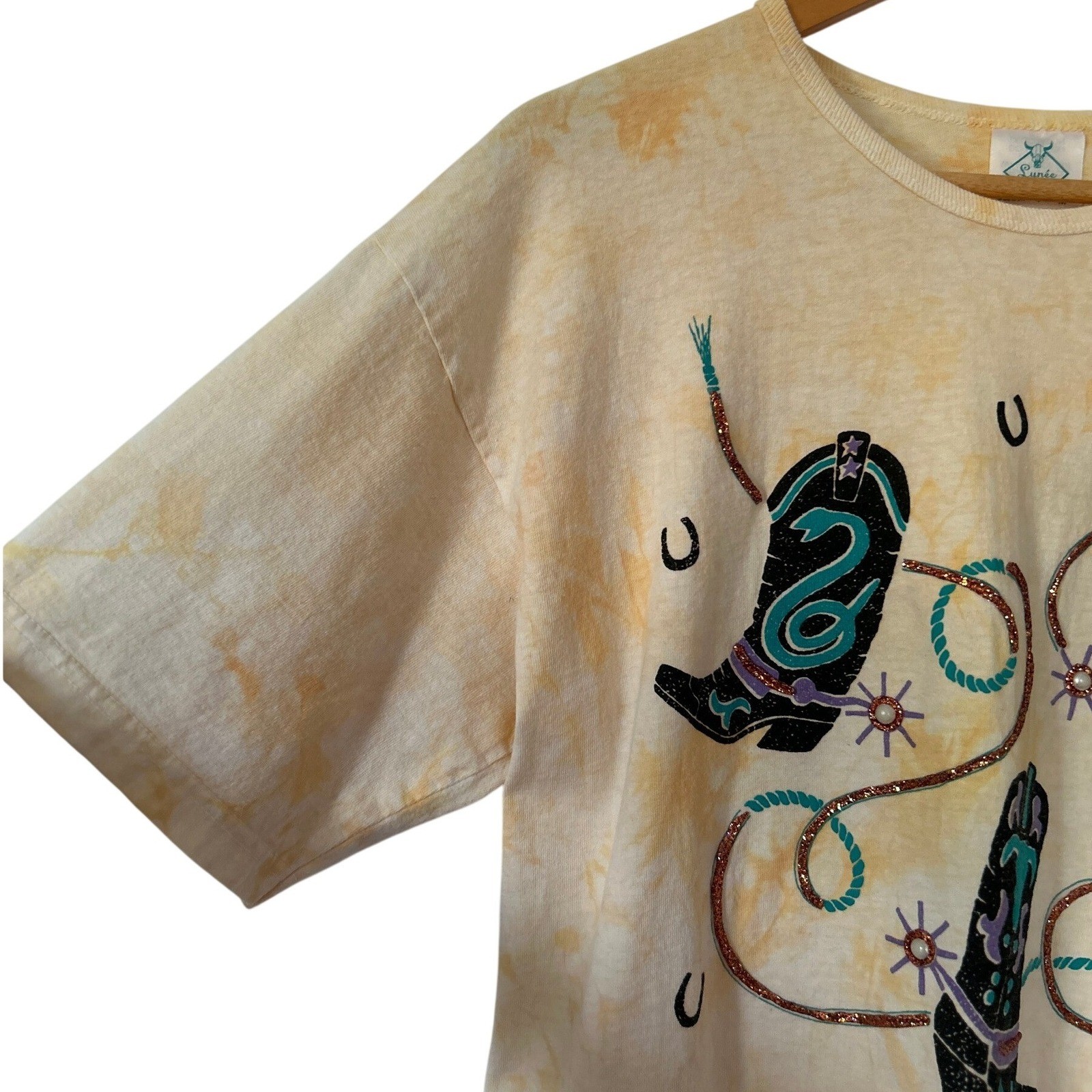 Vintage 90s Cowboy Boots Western T Shirt M Cotton Glitter Puff Paint Lynée USA