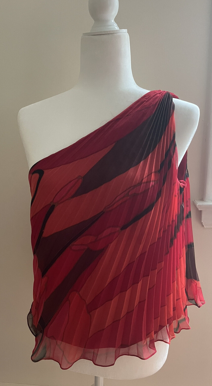 Kay Unger Red/Black Chiffon w/Accordion Pleats Cocktail One Shoulder Top Sz 10