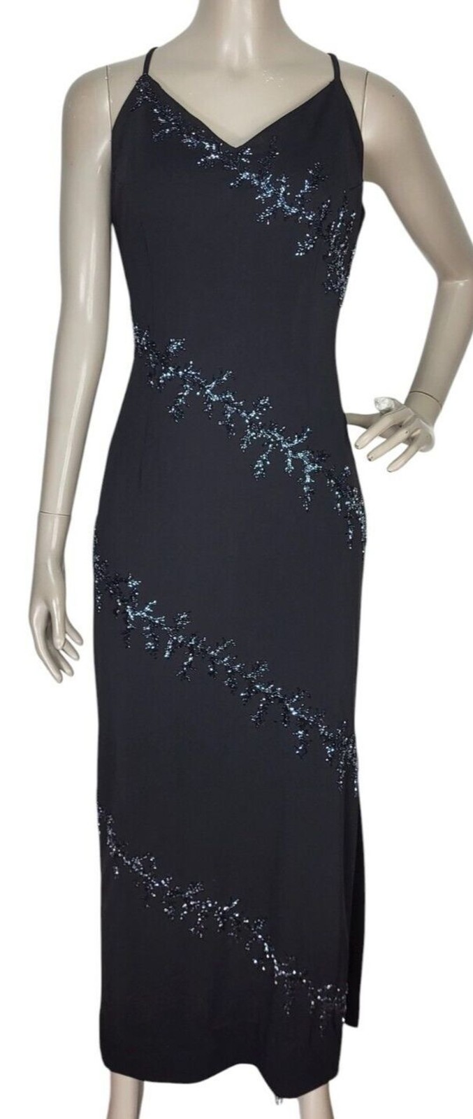 Vintage Y2K 90’s Dusk Sexy Side Slit Black Beaded Cocktail Party Maxi Dress Sz 4