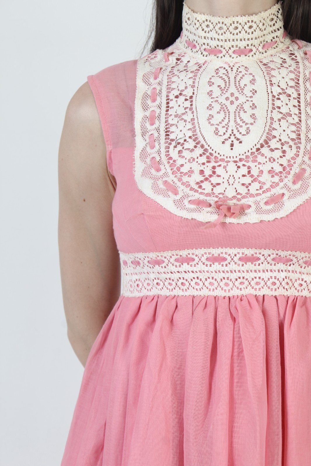 Vtg 70s Pink Prairie Dress High Waist Crochet Lace Victorian Boho Wedding Gown