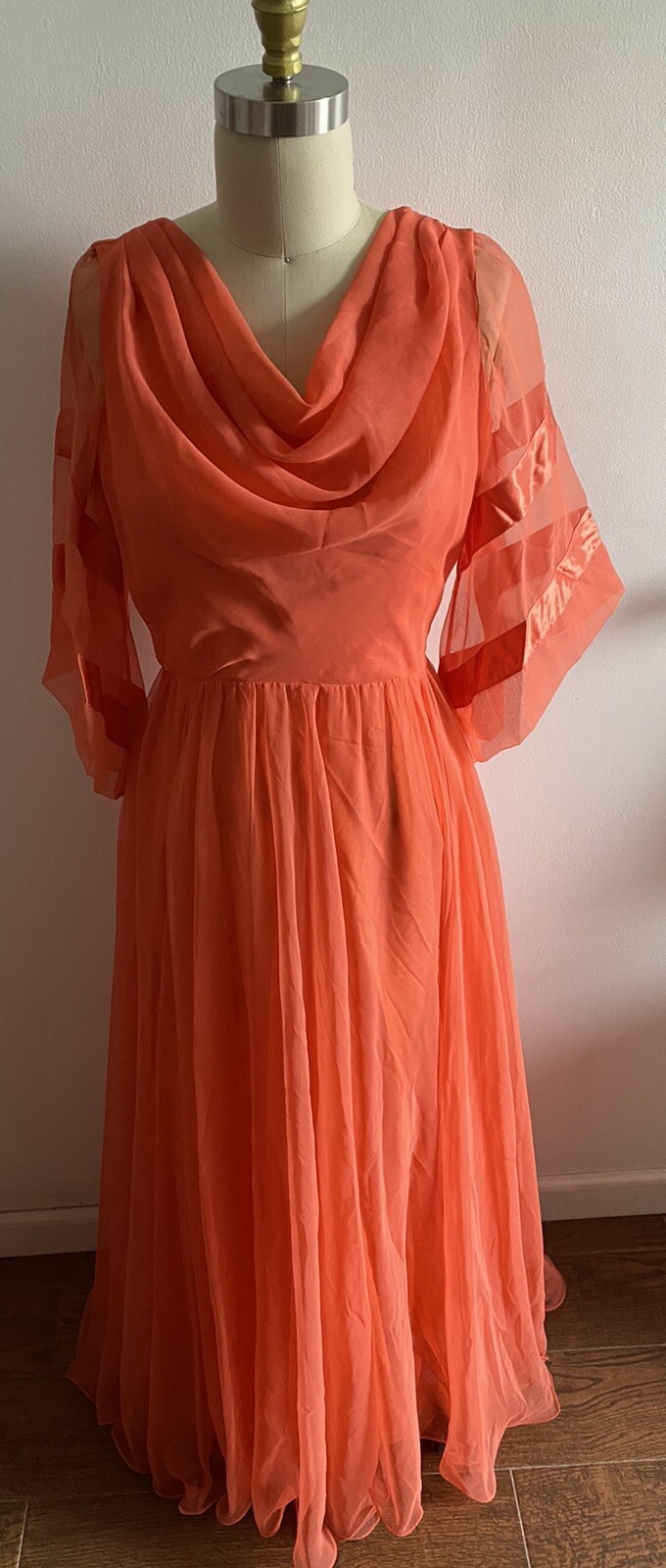 Vintage Chiffon Long Dress Flowy Orange Back Zipper Sheer Sleeves Lined Sz 8/10
