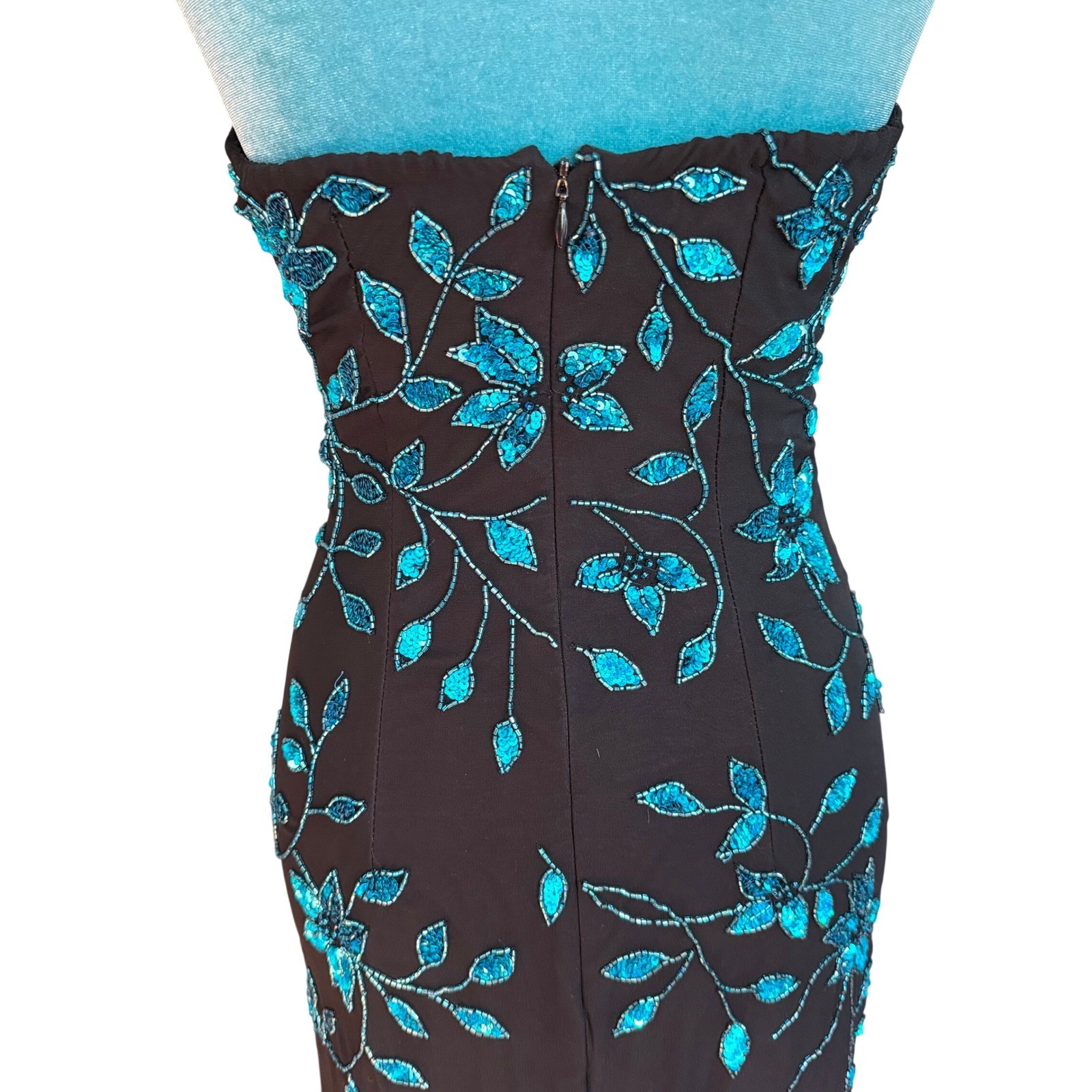Cache Womens Silk Halter Maxi Black Teal Sequin Beaded Prom Fairy