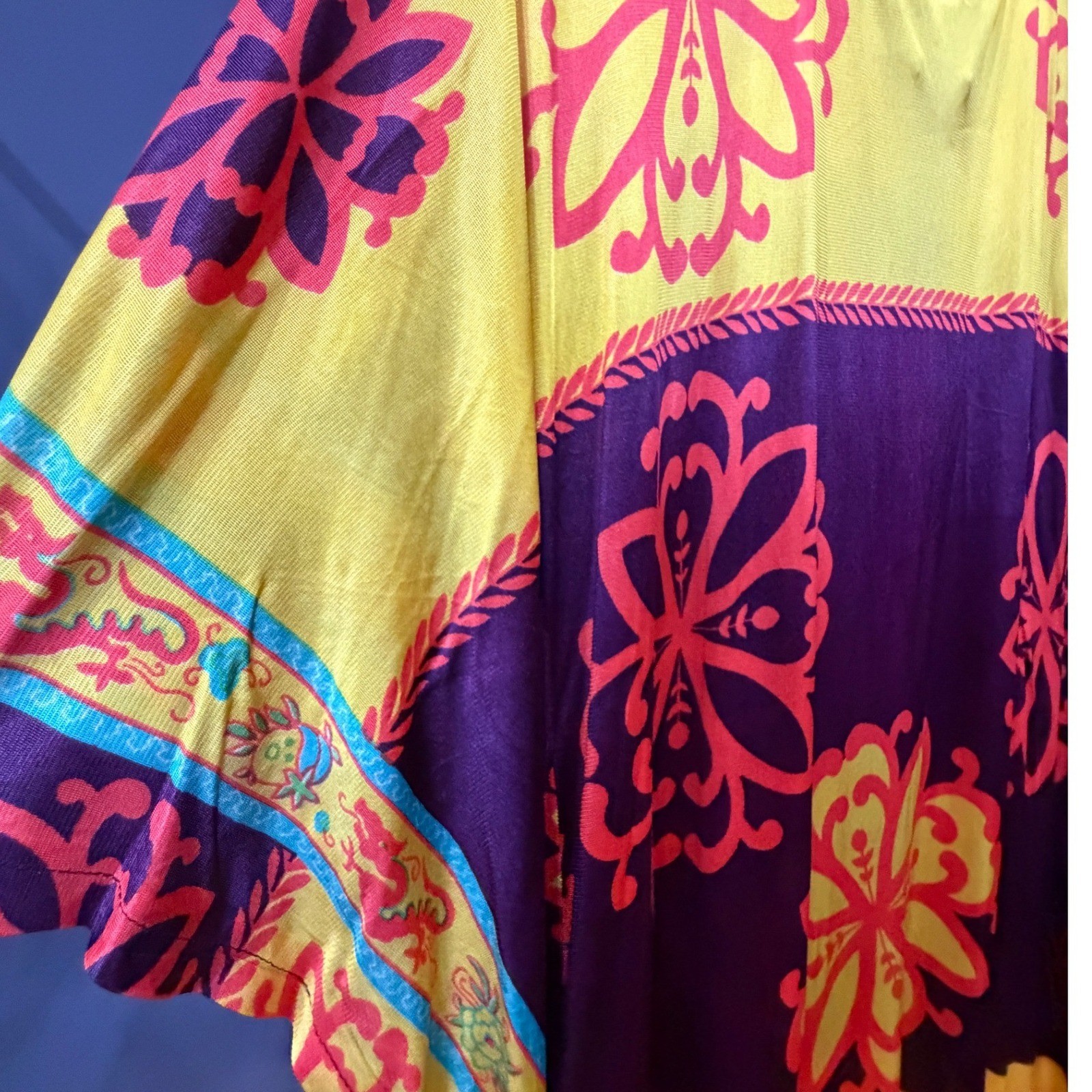Vintage 1970s Floral Maxi Dress Caftan Purple Yellow Boho Psychedelic ILGWU S-L