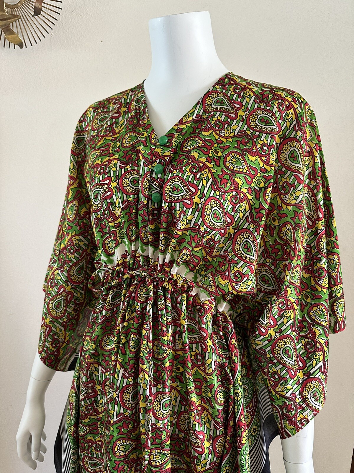 70s Handfabs Indian Block Print Caftan Dress Maxi Mumu Beach Cabana Pool 80s VTG