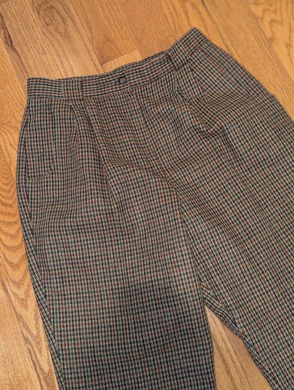 Vintage Savannah Size 14P Wool Blend 80s Brown Red Green Houndstooth Dress Pants