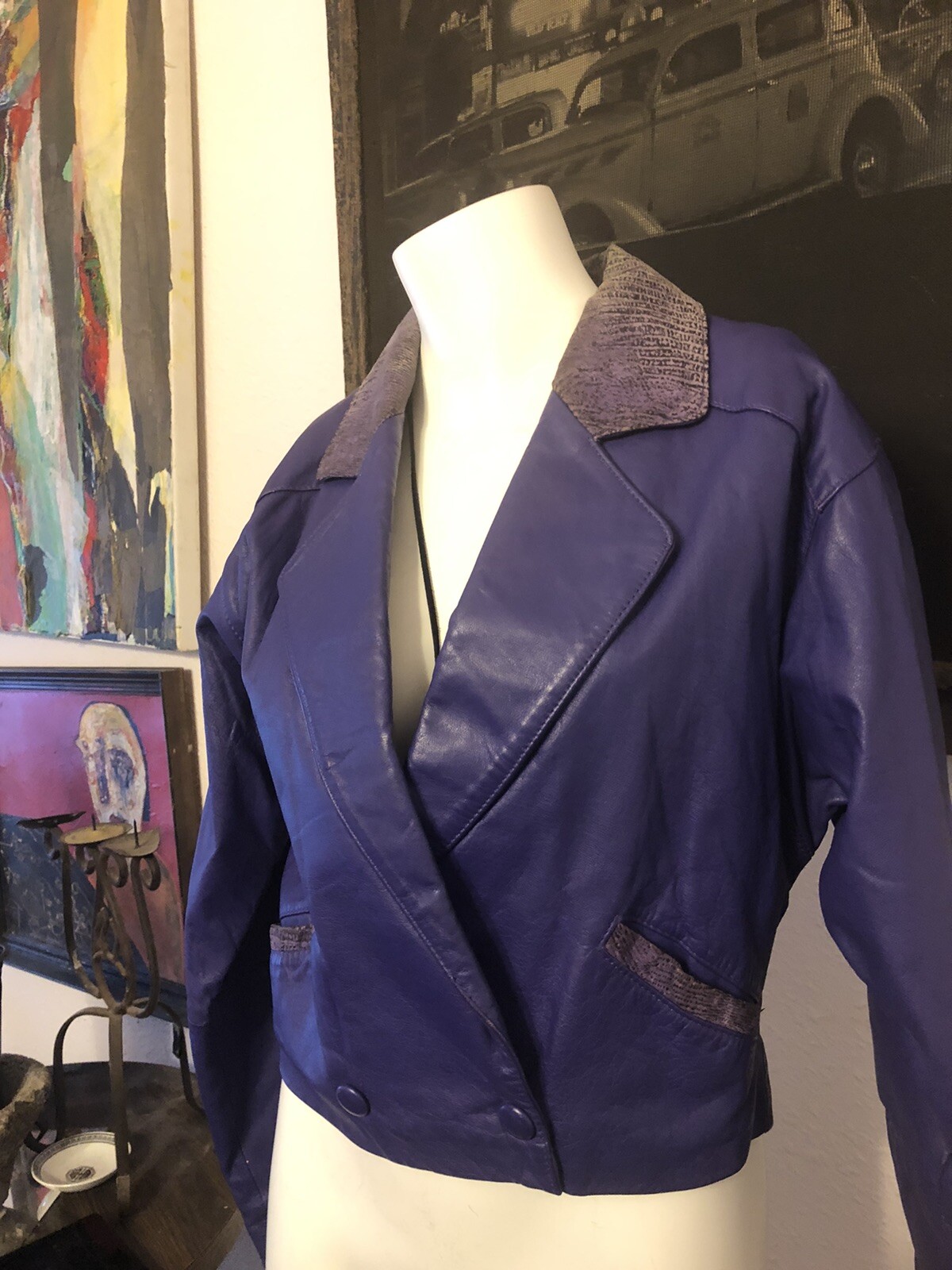 Vintage 80s Glam Women’s Size M purple leather bomber biker rocker crop jacket