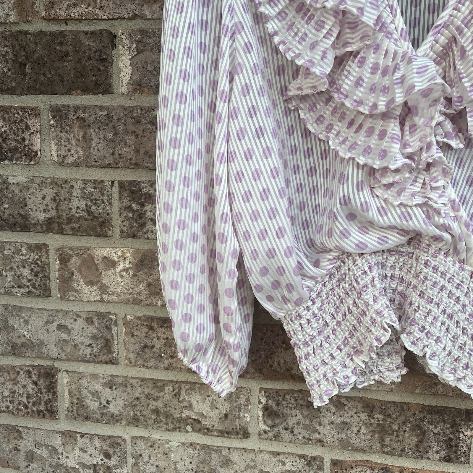 Susan Freis Vintage 80s Sheer Ruffled Boho Blouson Top Pink Polka Dot Small USA