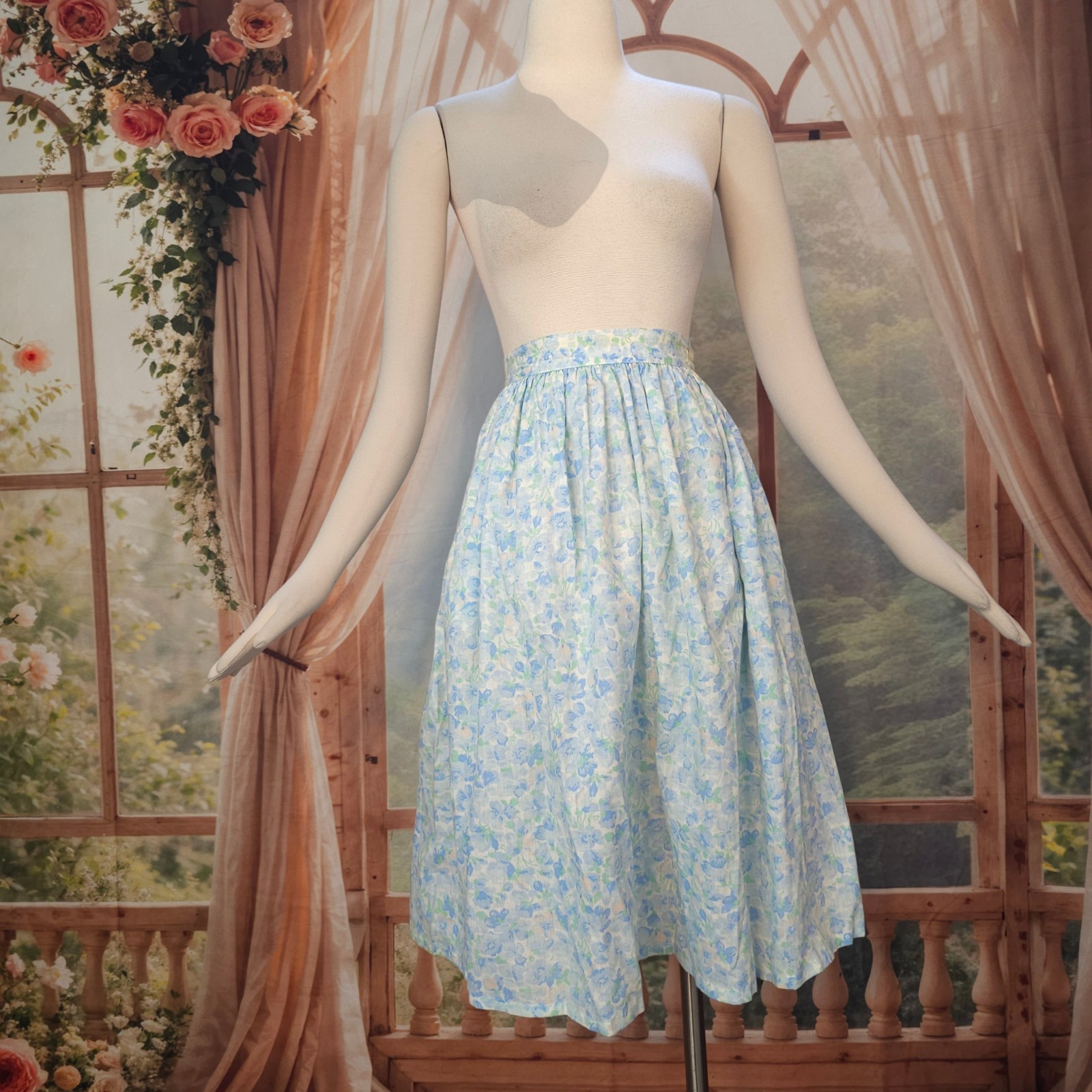 Vintage 1970s Skirt Pastel Floral Blue Green Pockets Lucky Winner Retro Pinup
