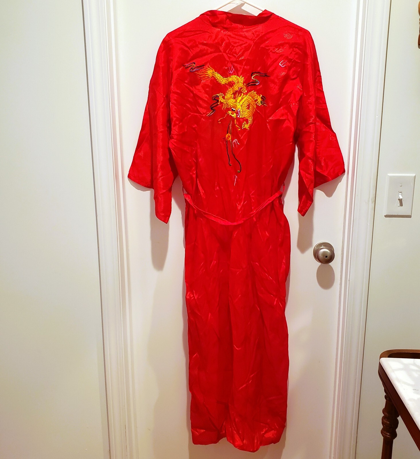 Golden Bee Red Robe Jacket Embroidered Golden Dragon Kimono Long Tie Large READ