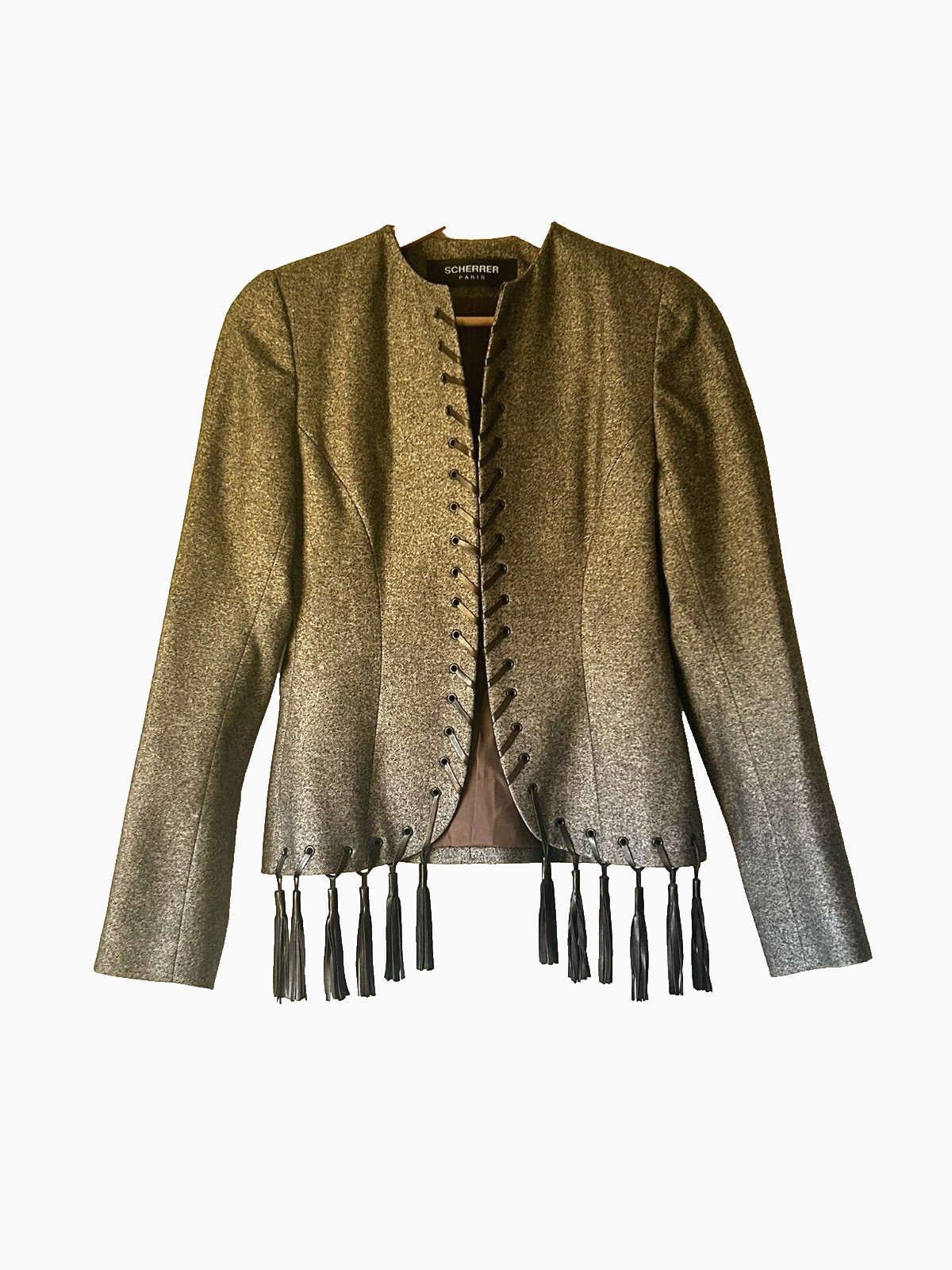 Paris Jean-Louis Scherrer Natural Wool Leather Tassel Jacket Blazer Sz 38 S/M
