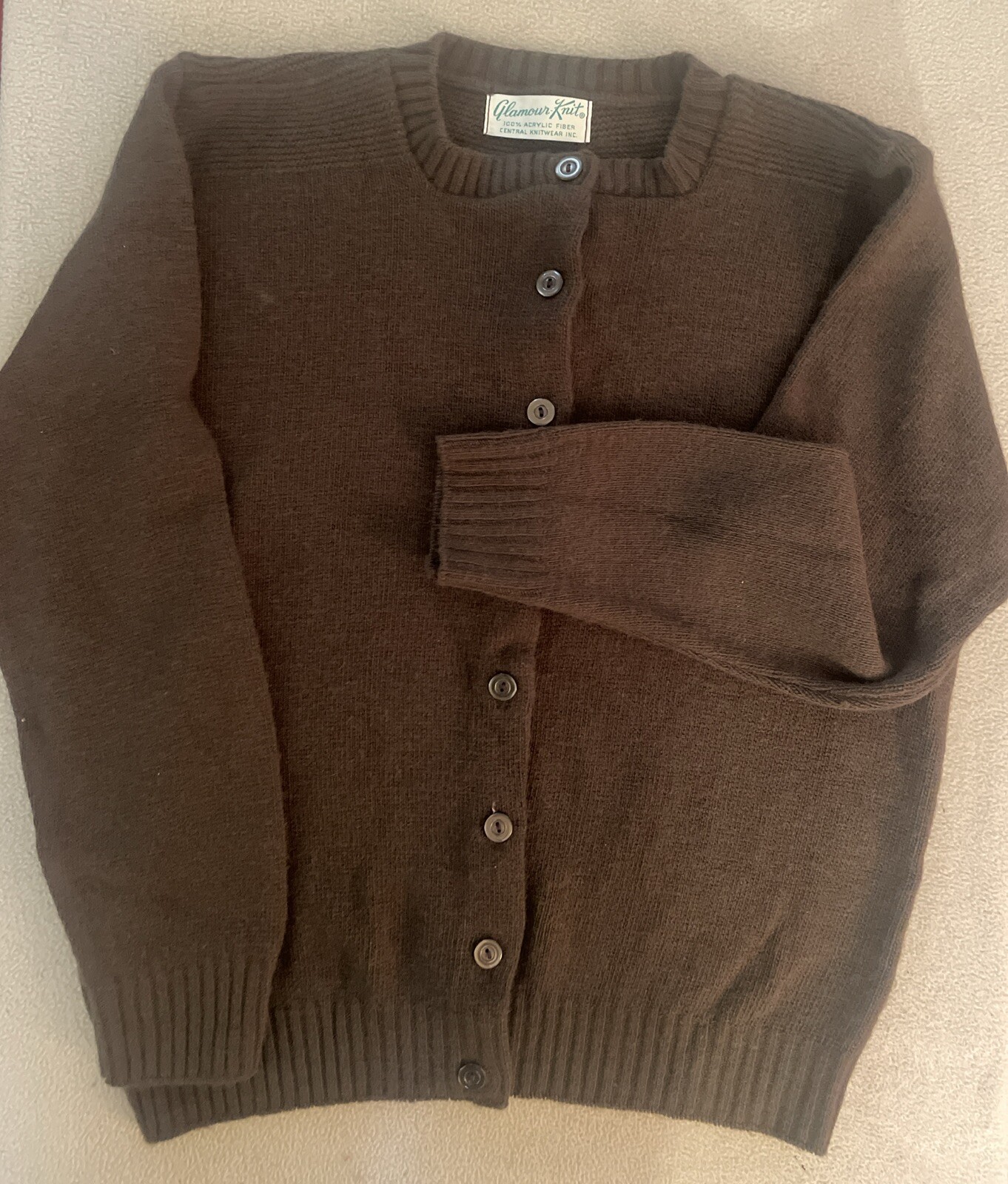 Vintage 1980’s Glamour-Knit Brown Acrylic Cardigan Sweater Central Knitwear Inc