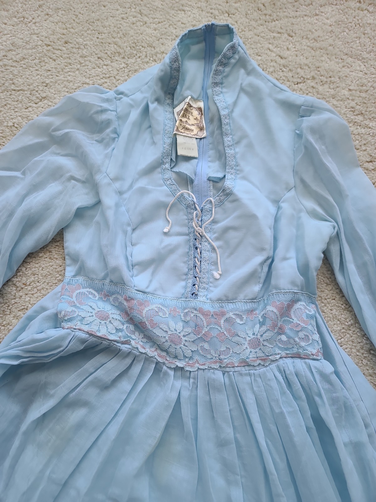 Gunne Sax 1970s Juniors Cottage Core Prairie Blue Red Lace Dress Size 11