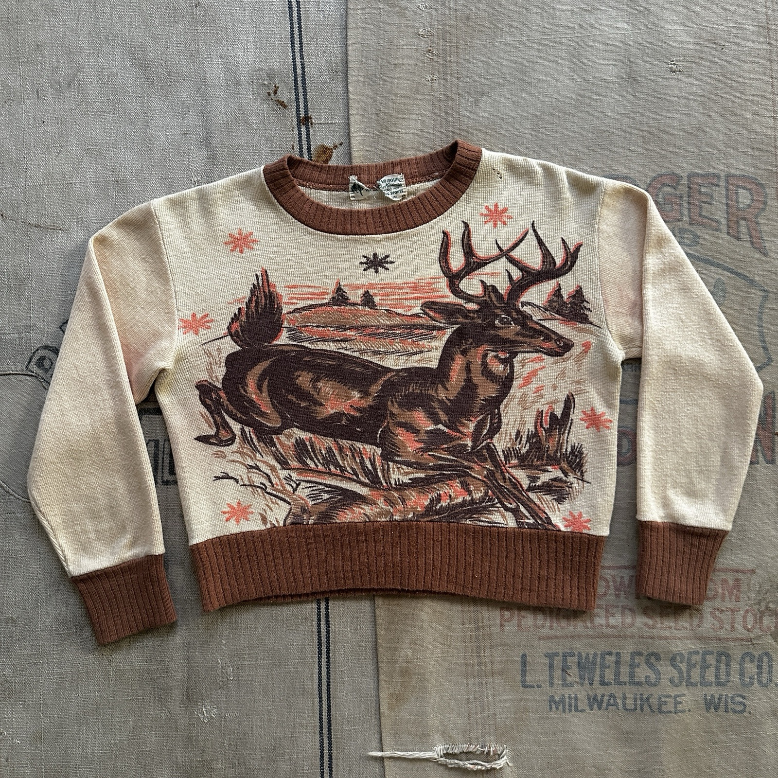 Vintage 1950s Deer Day Glo Graphic Picture Knit Sweater Women’s XS S M