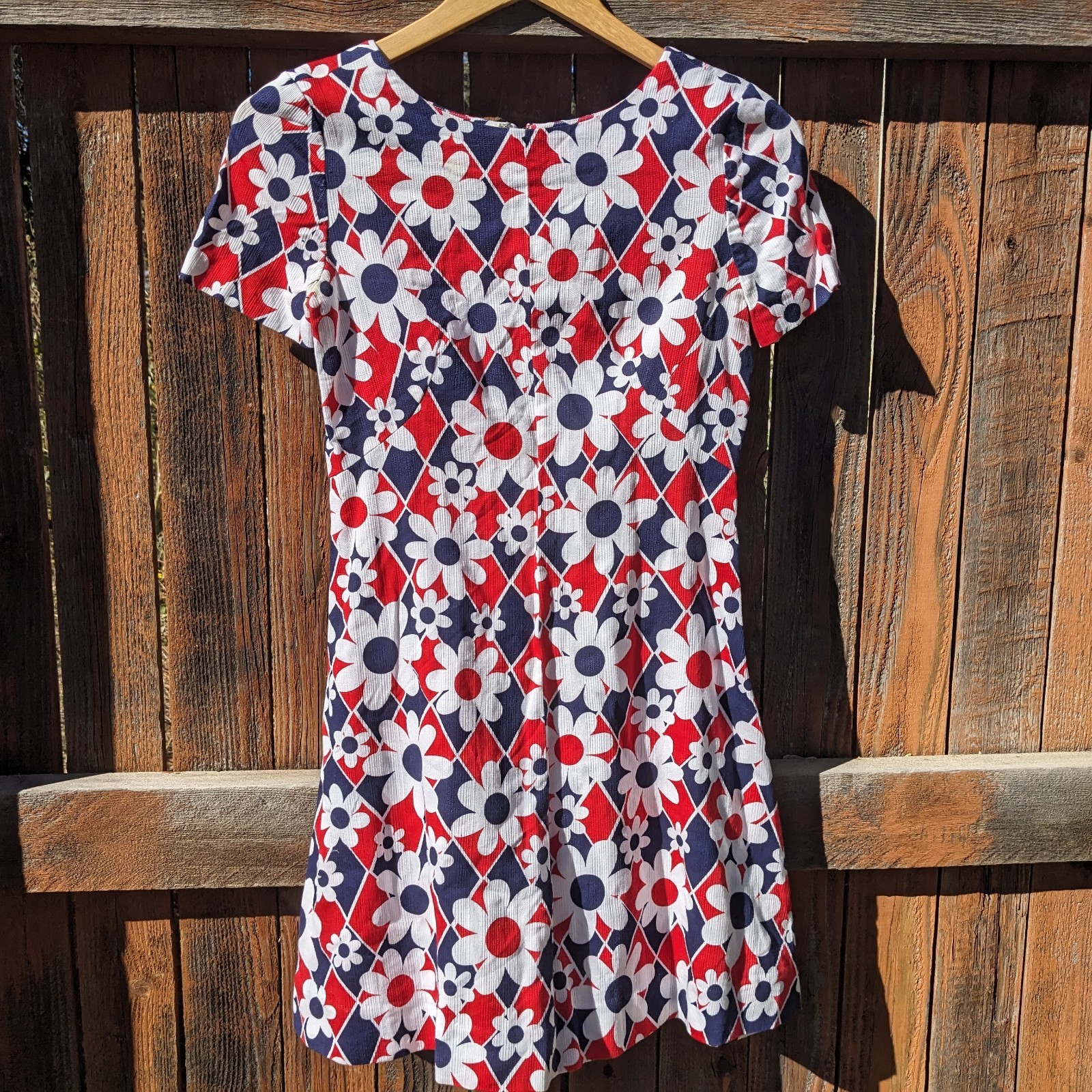 Vintage 60s Mod Daisy Mini Dress XS Patriotic Harlequin Flower Power Gogo A-Line