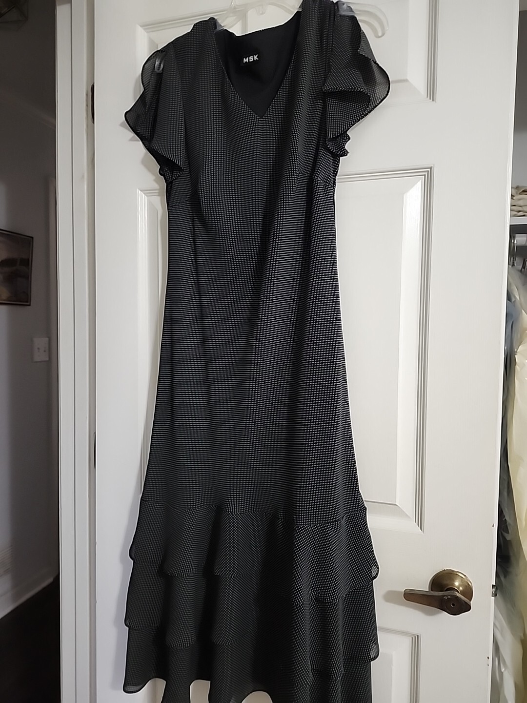 Sz 12 Vintage MSK Black White Polka Dot Maxi Dress Flutter Sleeve Retro 90s Y2K
