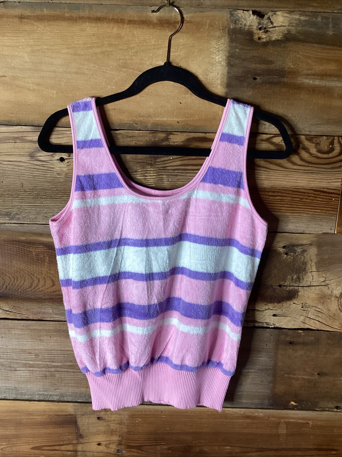 Vintage Terry Cloth Tank Top Banded Waist Purple Pink White Stripe size M/L