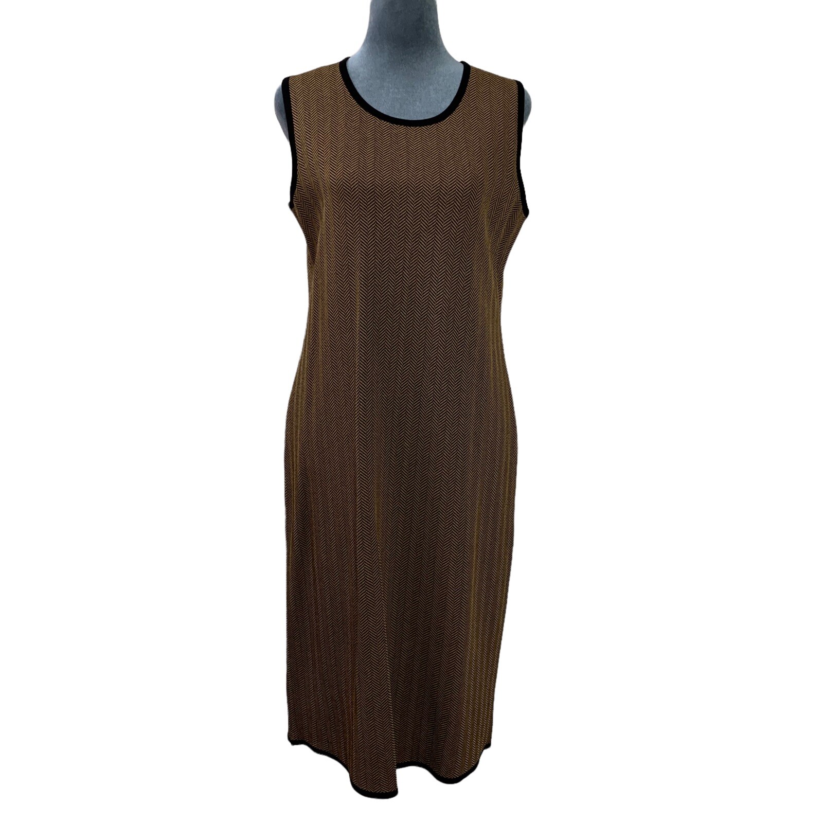 Vintage 90s Exclusively Misook Women’s Medium Herringbone Brown Sleeveless Dress