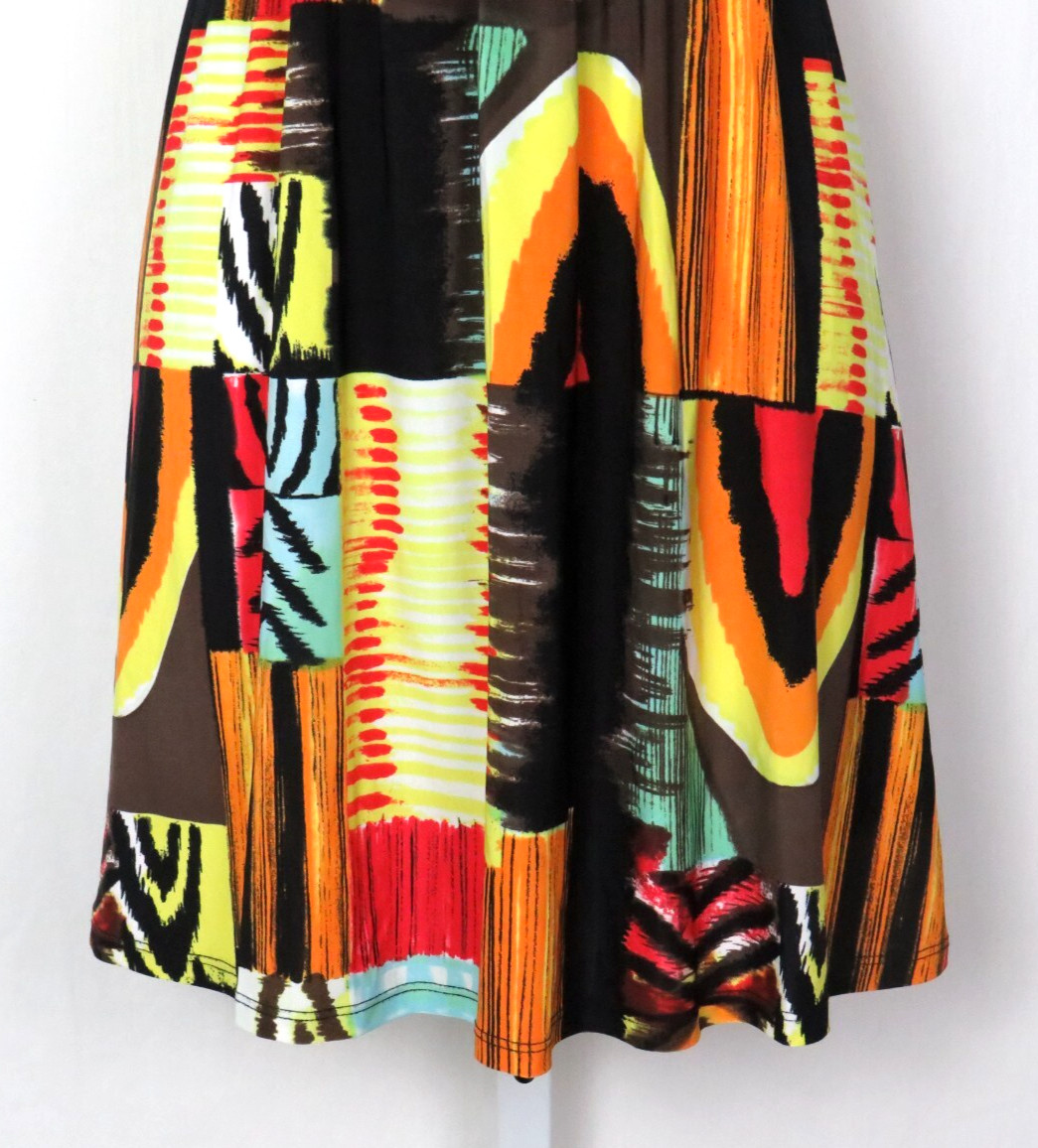 VTG 1990s MOD ABSTRACT COLOR BLOCK STRETCH DRESS OVERLAP BUST 30″ to 36″