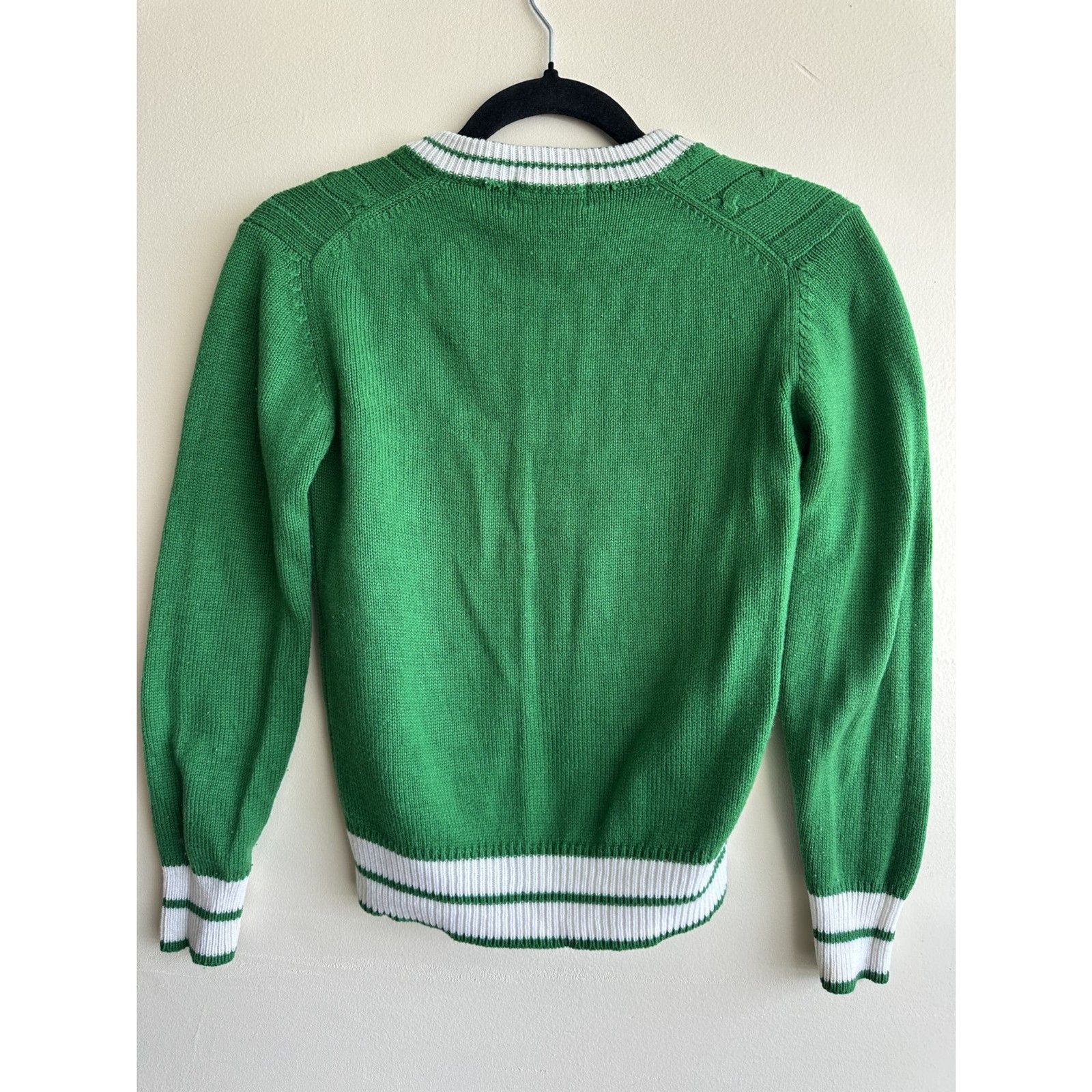 Vintage 80’s Izod Lacoste Sweater Small Fitted Green Cable Knit Preppy V Neck