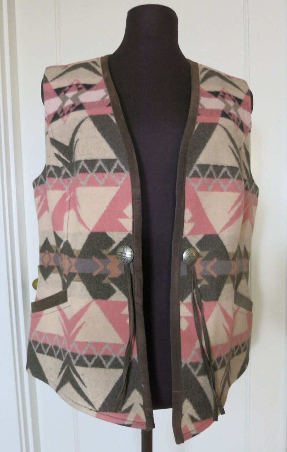 Vtg Pendleton Vest Wool Suede Trim Brown Beige Salmon Tassels Southwest Medium