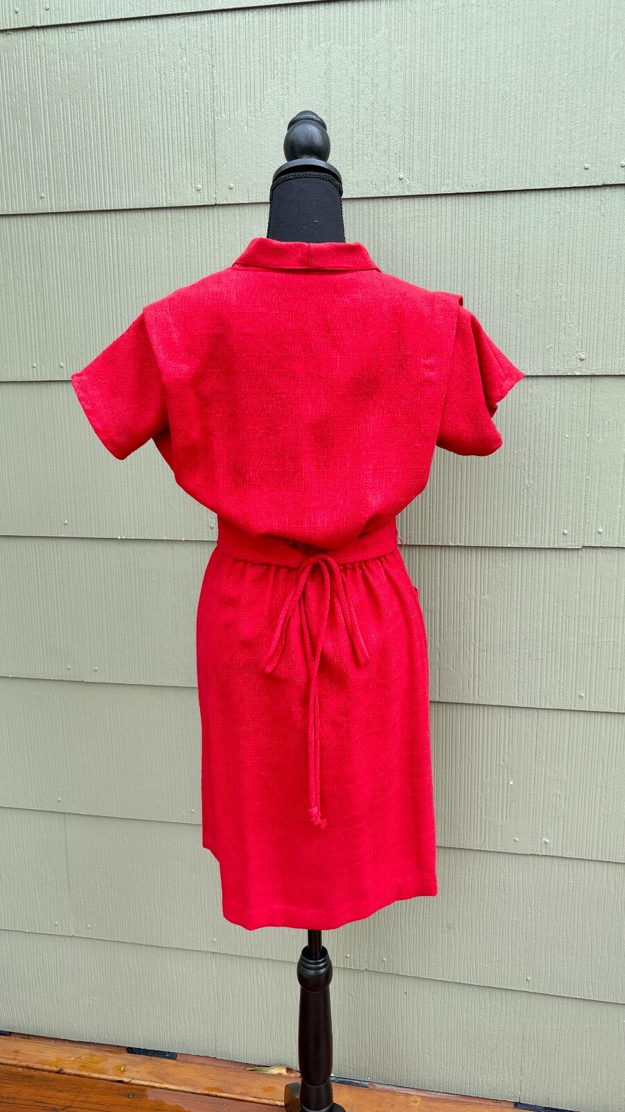 vtg LISA PETITES 70s Disco Casual Red Woven Knit Linen Belted Wrap A-Line Dress