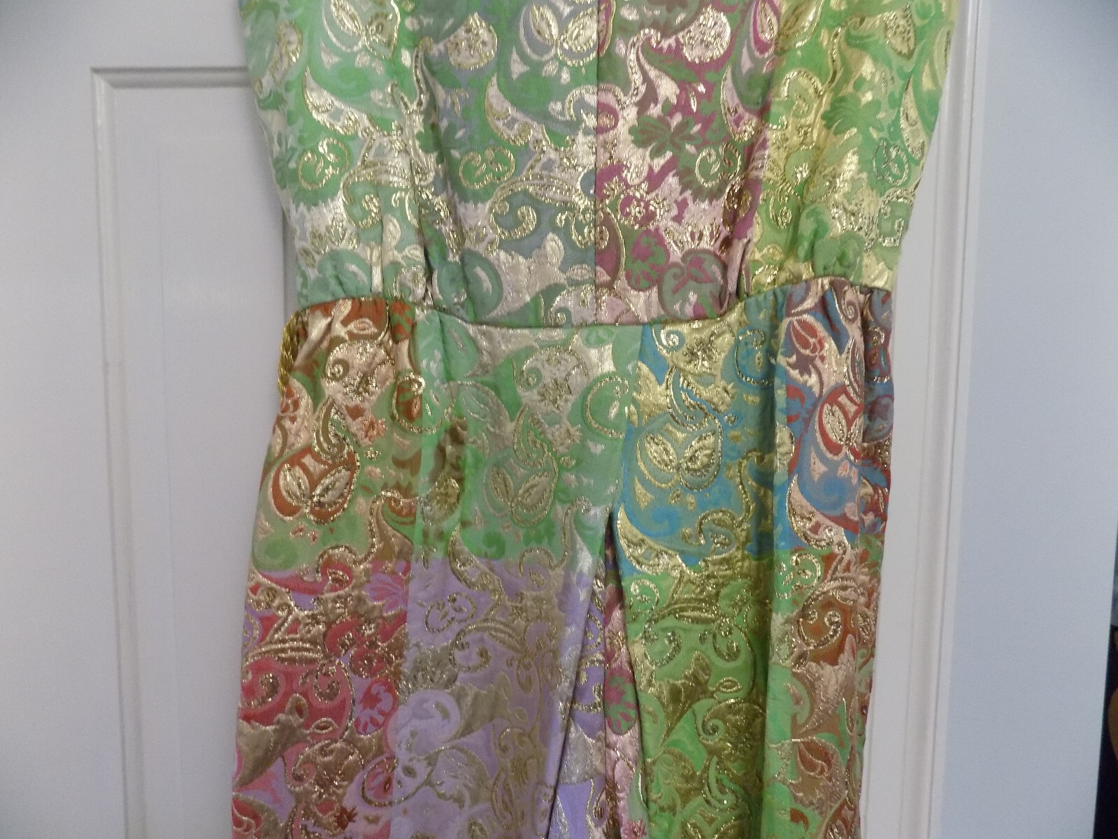 Vtg FAB 60s Joseph Magnin Metallic Tapestry Gold Pink Green Disco Maxi Jumpsuit