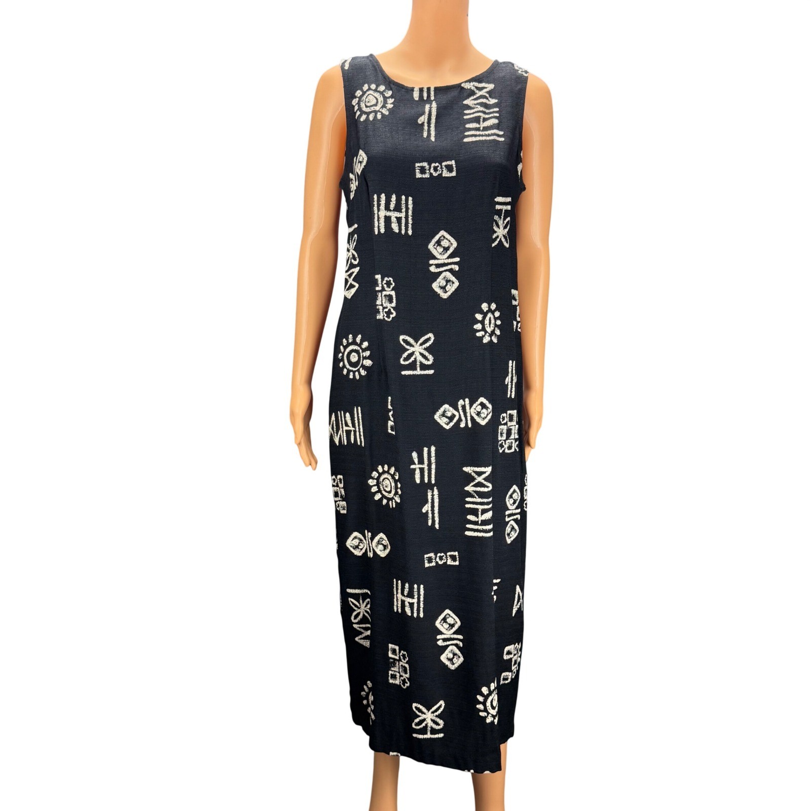 Vintage Y2K Black White Tribal Geometric Print Midi Dress 10P Sleeveless USA