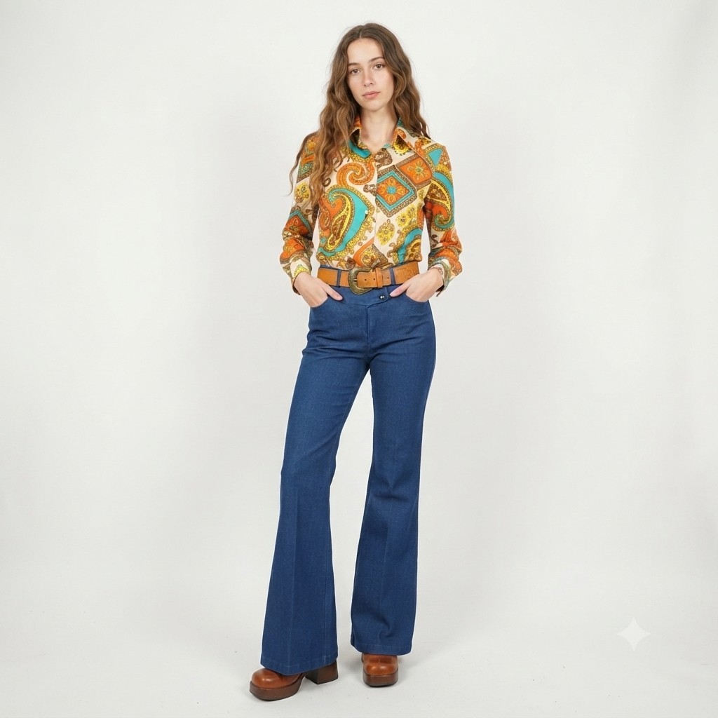 Vintage 70s Denim Flare Jeans Ladies 10 Rave Cyberpunk Hippy Retro Bell Bottoms
