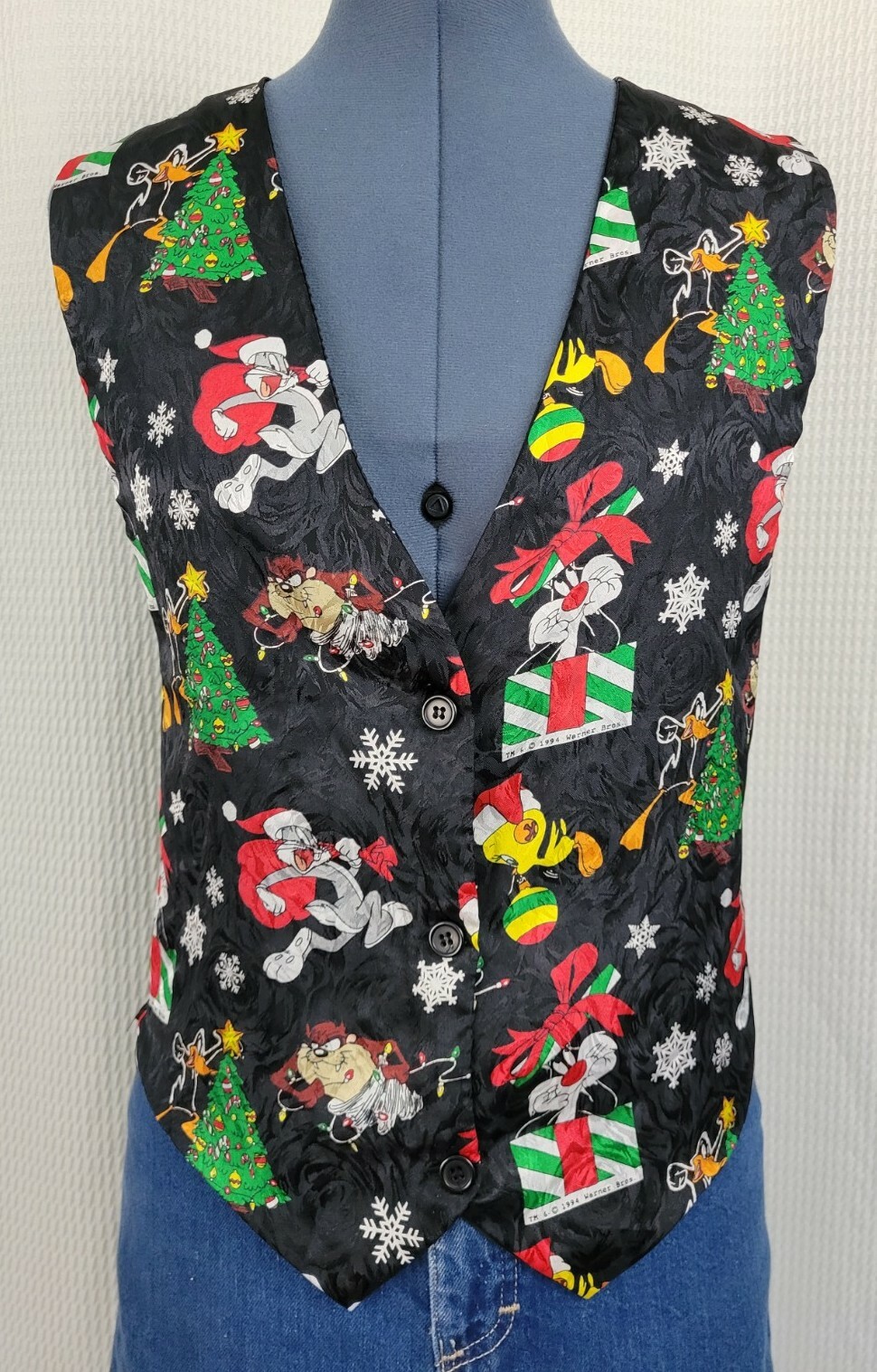 Vtg 1994 Looney Tunes Xmas Vest w Bugs, Daffy, Sylvester, Tasmanian Devil Sz S/M