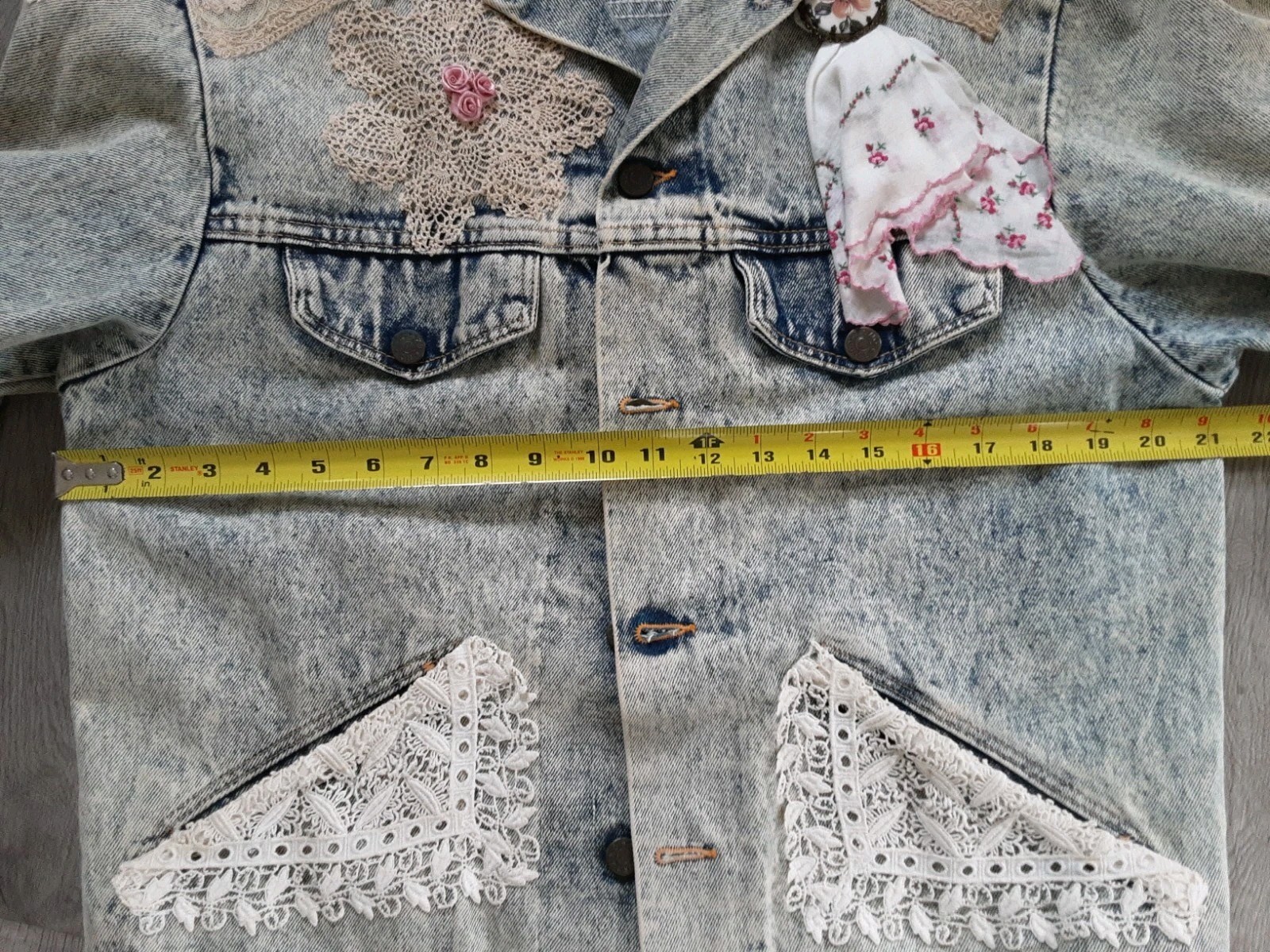 VTG Denim & Old Lace Embellished Jacket Embroidery Boho Chic Cottagecore M-L