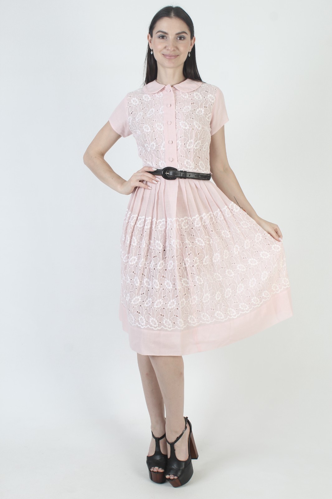 Vintage 50s Light Pink Embroidered Eyelet Dress Cocktail Mid Century MCM Skirt