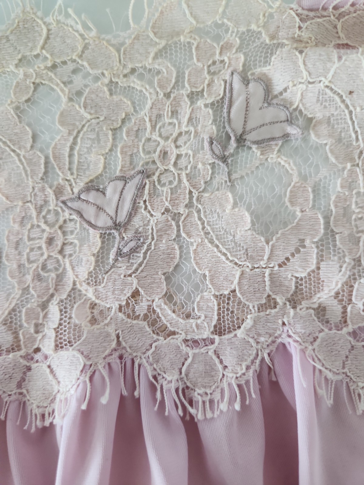 Vtg Lucie Ann Long Nightgown Pink Sz L-XL Lace Bodice Cap Sleeves Unique Style