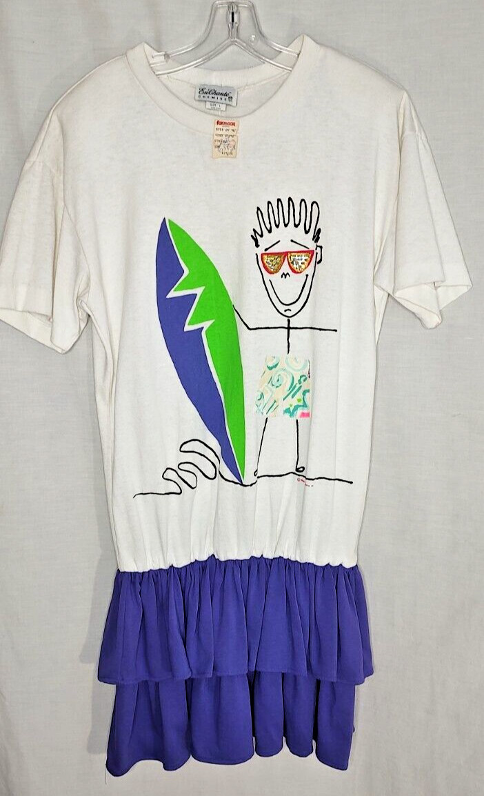 Vintage NWT Women’s 80s T Shirt Dress Surfer Ruffle Large Saved by the Bell NOS