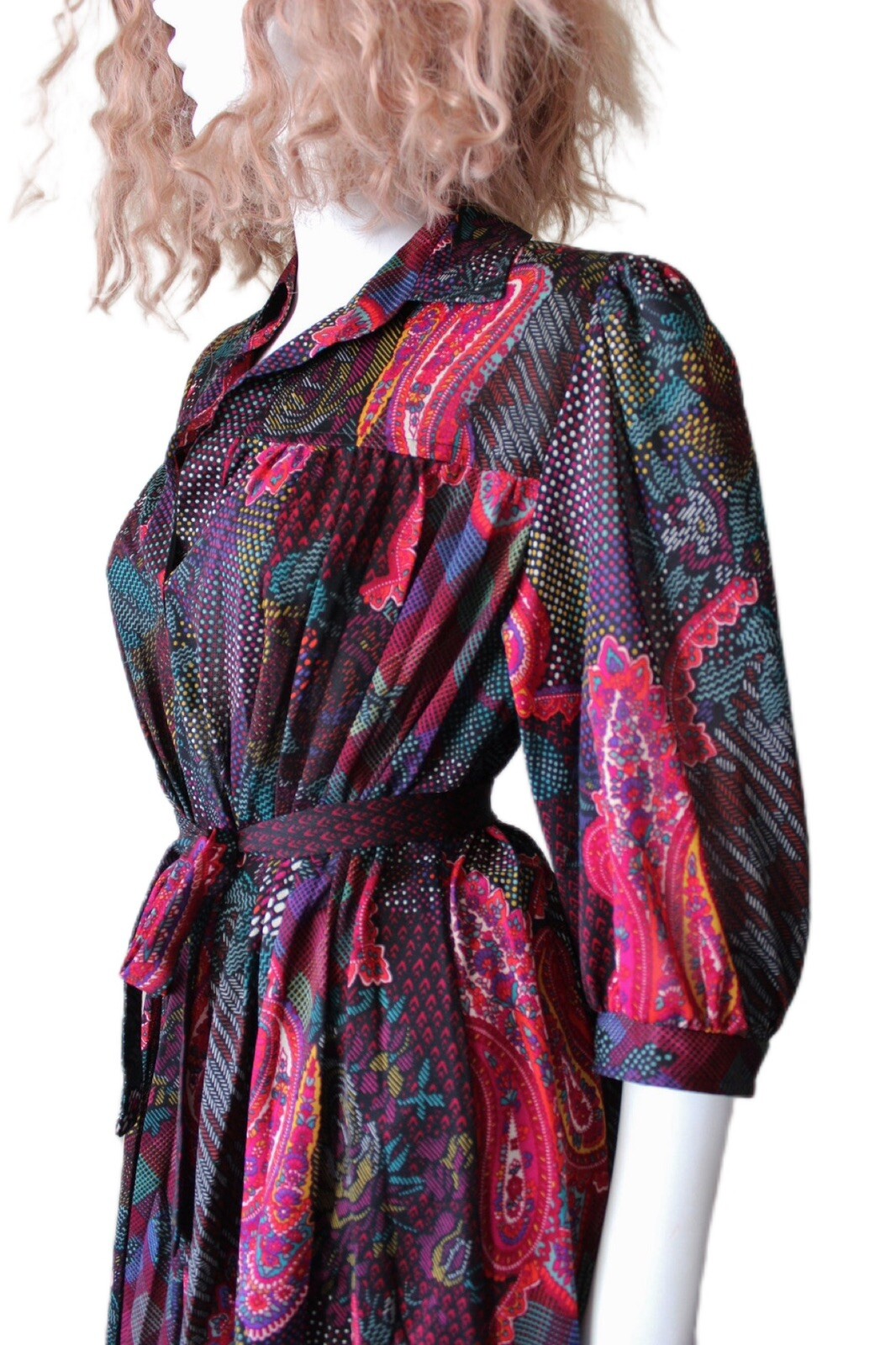 Boho Multicolor Paisley Day Dress ¾ Sleeve Belted Pleated Vintage 70’s