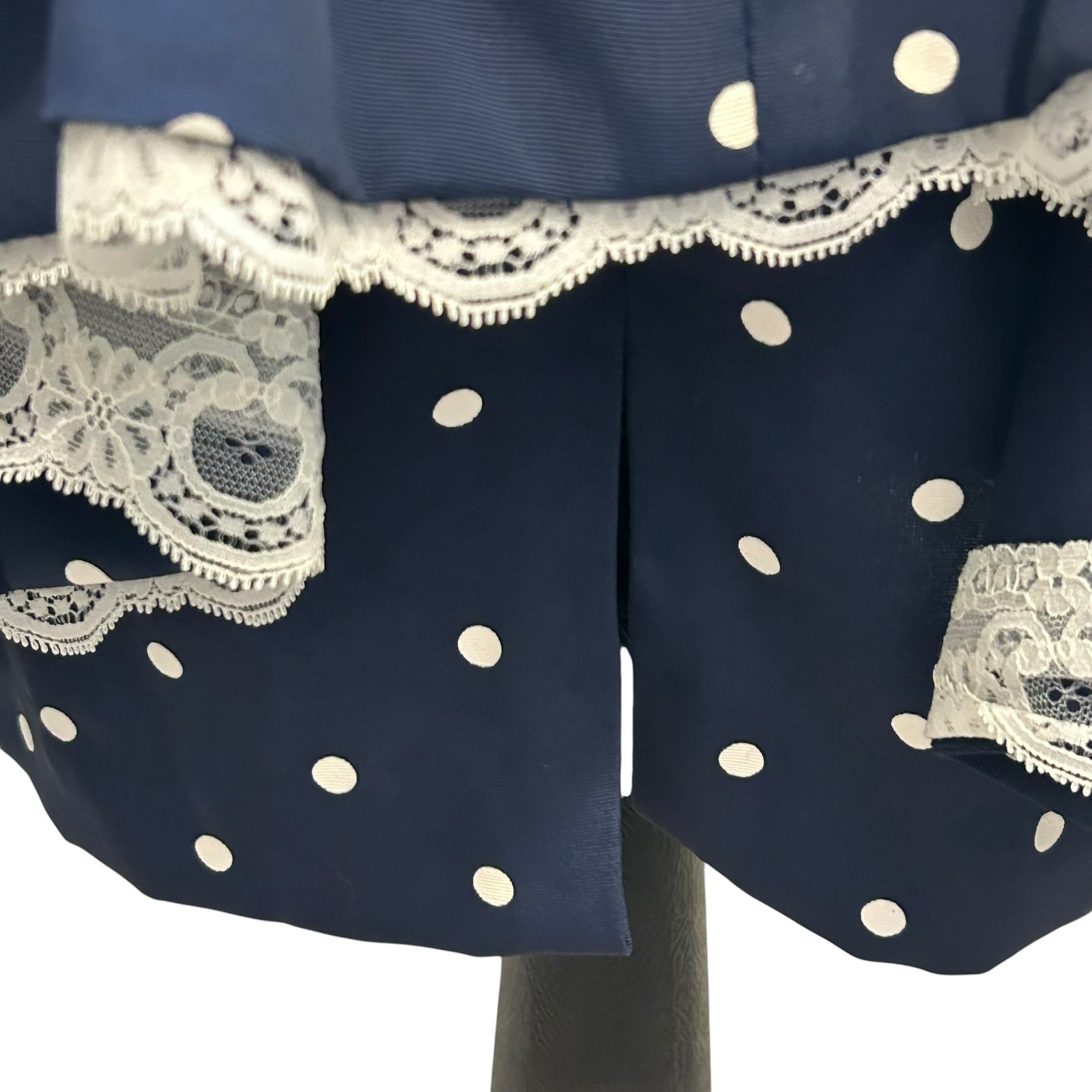 Vintage 1980s 1990s Polka Dot Dress Navy Blue Bow Lace Trussel Size XS or S
