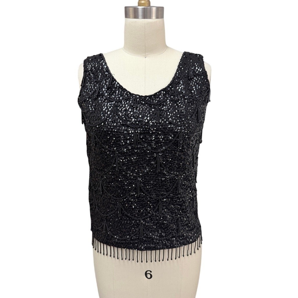 VTG 1950s Black Sequined Beaded Shell Top Wedding Cake Tassels Wool S