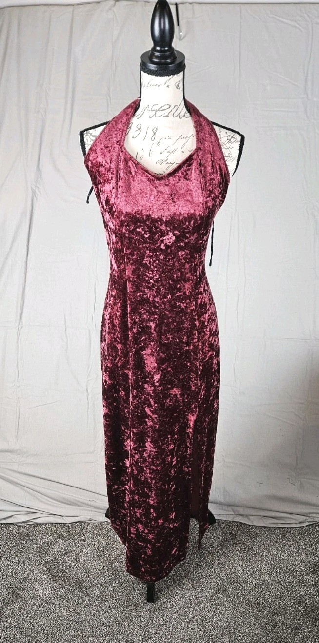 Vintage 90s Y2K Luly K NYC Burgundy Velvet Halter Long Dress Sz Medium