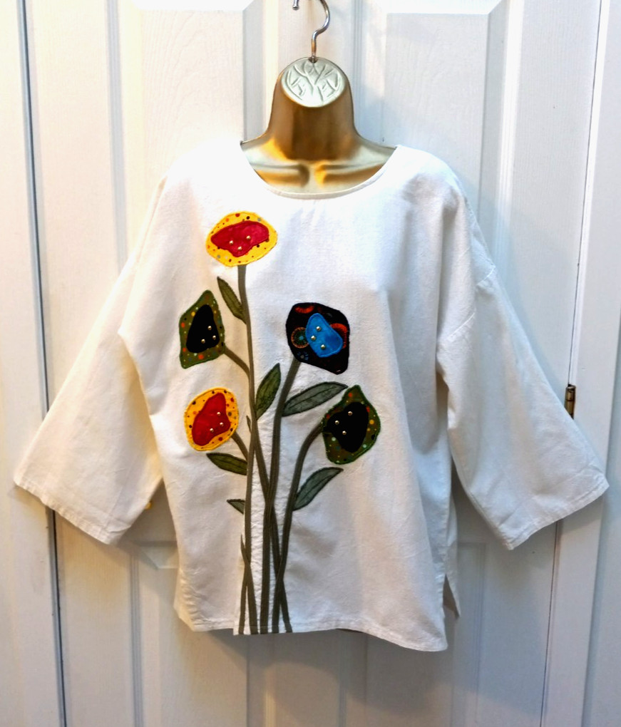 VTG NEIMAN MARCUS M ALFREDO’S WIFE ART BOHO CREME FLORAL APPLIQUE TUNIC BLOUSON