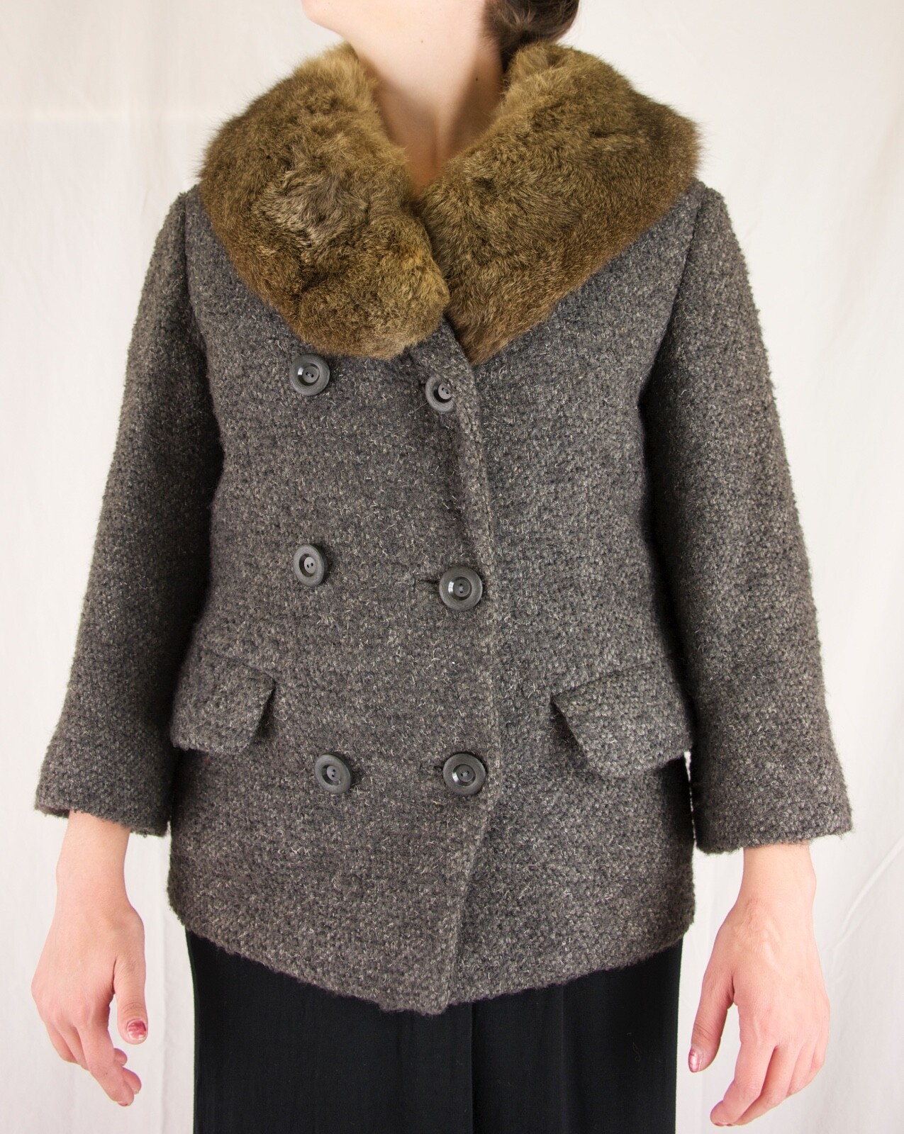 Vintage Mr. Carl Black, Brown & Grey Gray Wool  Jacket with Wide Fur Collar