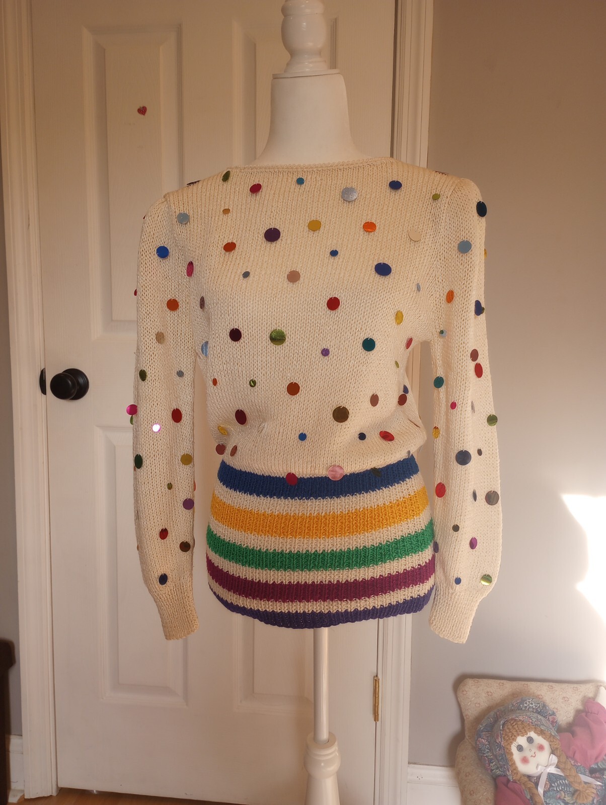 Vintage 1980’s Crazy Mieka Rainbow Colored Sweater With Sequins Size Medium