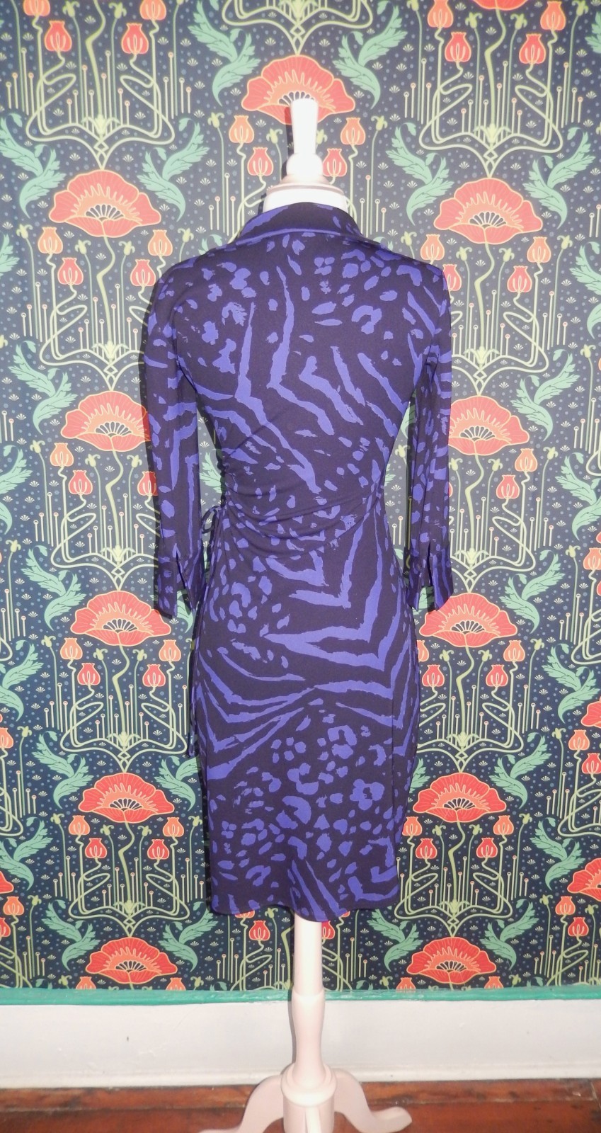 Vintage 90’s Y2K Laundry Navy Blue Purple Faux Wrap Knit Dress XS