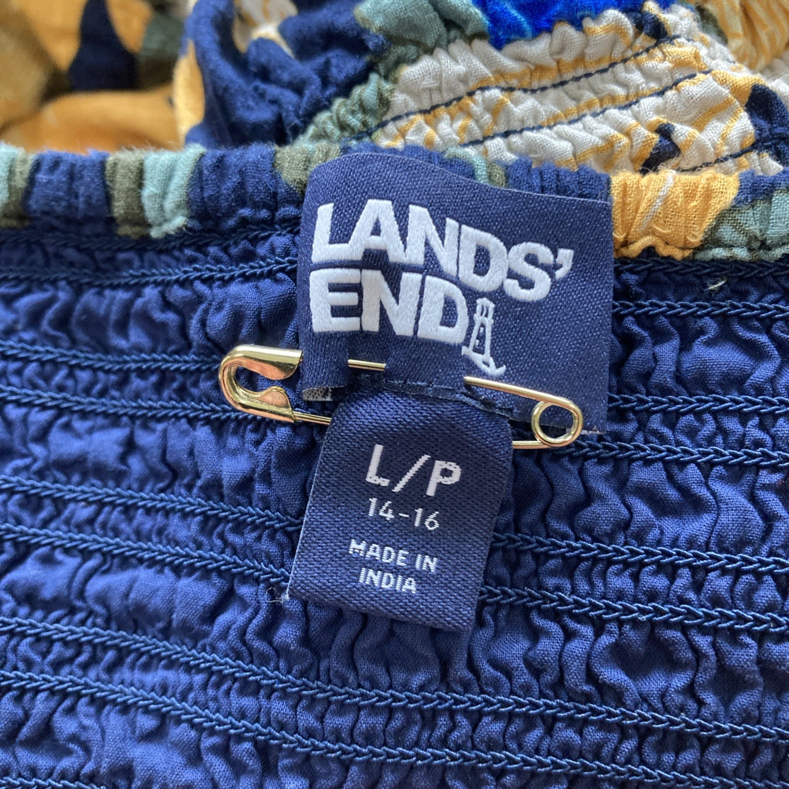 Land’s End Women’s Smocked Peasant Dress L/P 14-16 Blue Yellow Cotton Lined Vtg