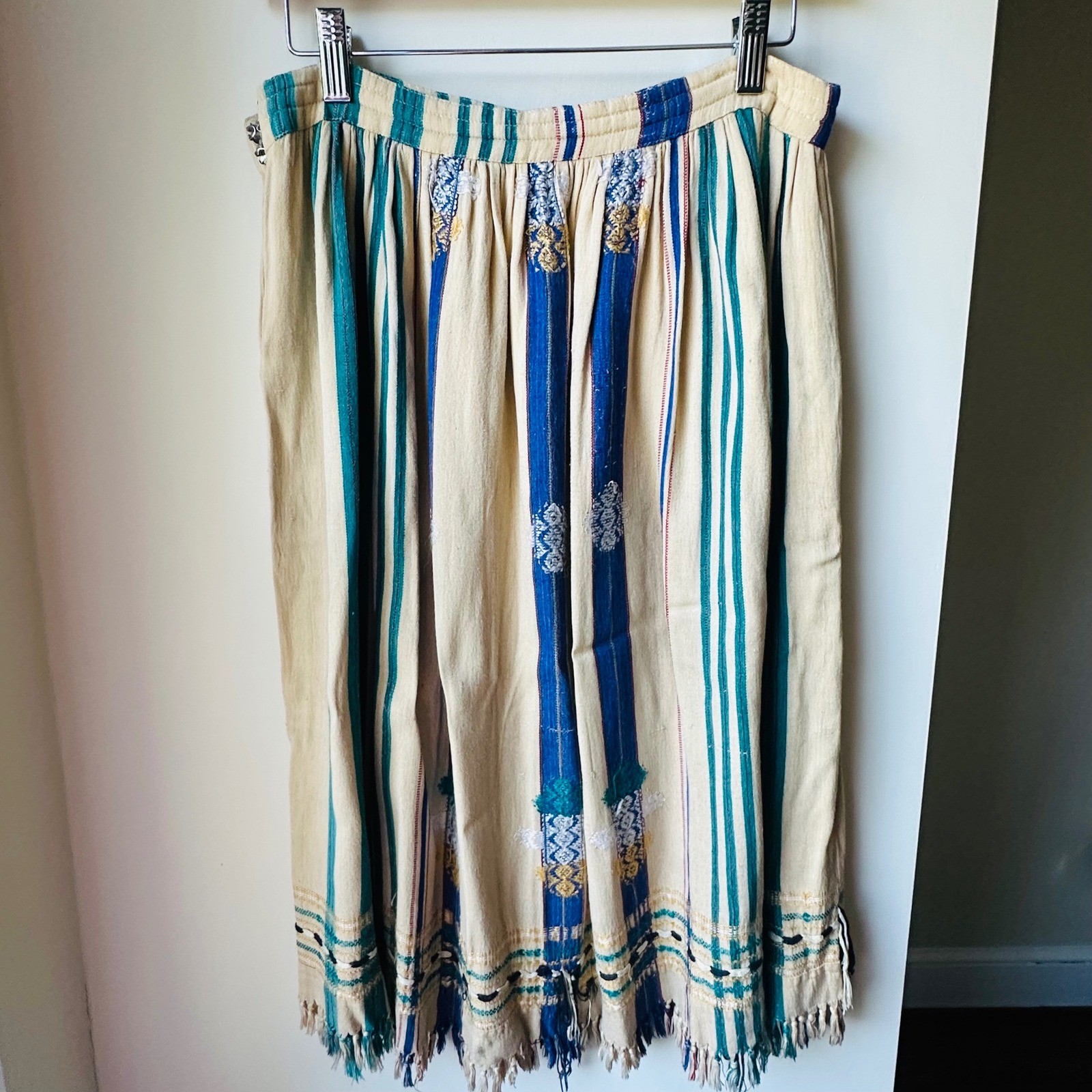 Vintage 70s Supercraft Skirt Blue Teal Woven Embroidered Fringe Boho Medium